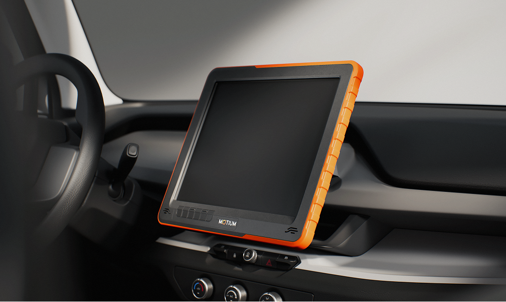 A tablet-like device mounted on a vehicle dashboard.