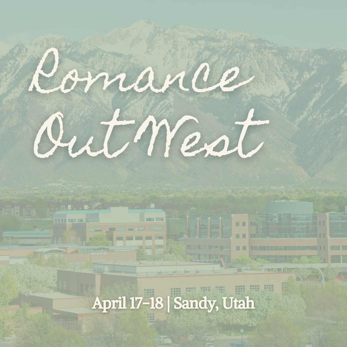 Poster for Romance Out West 2026 Book Signing Event with four book covers by Michaela Jean Taylor, held April 17-18 in Sandy, Utah, featuring titles 'Sunshine' and 'Peaches' with romantic illustrations, mountain background, and event details.