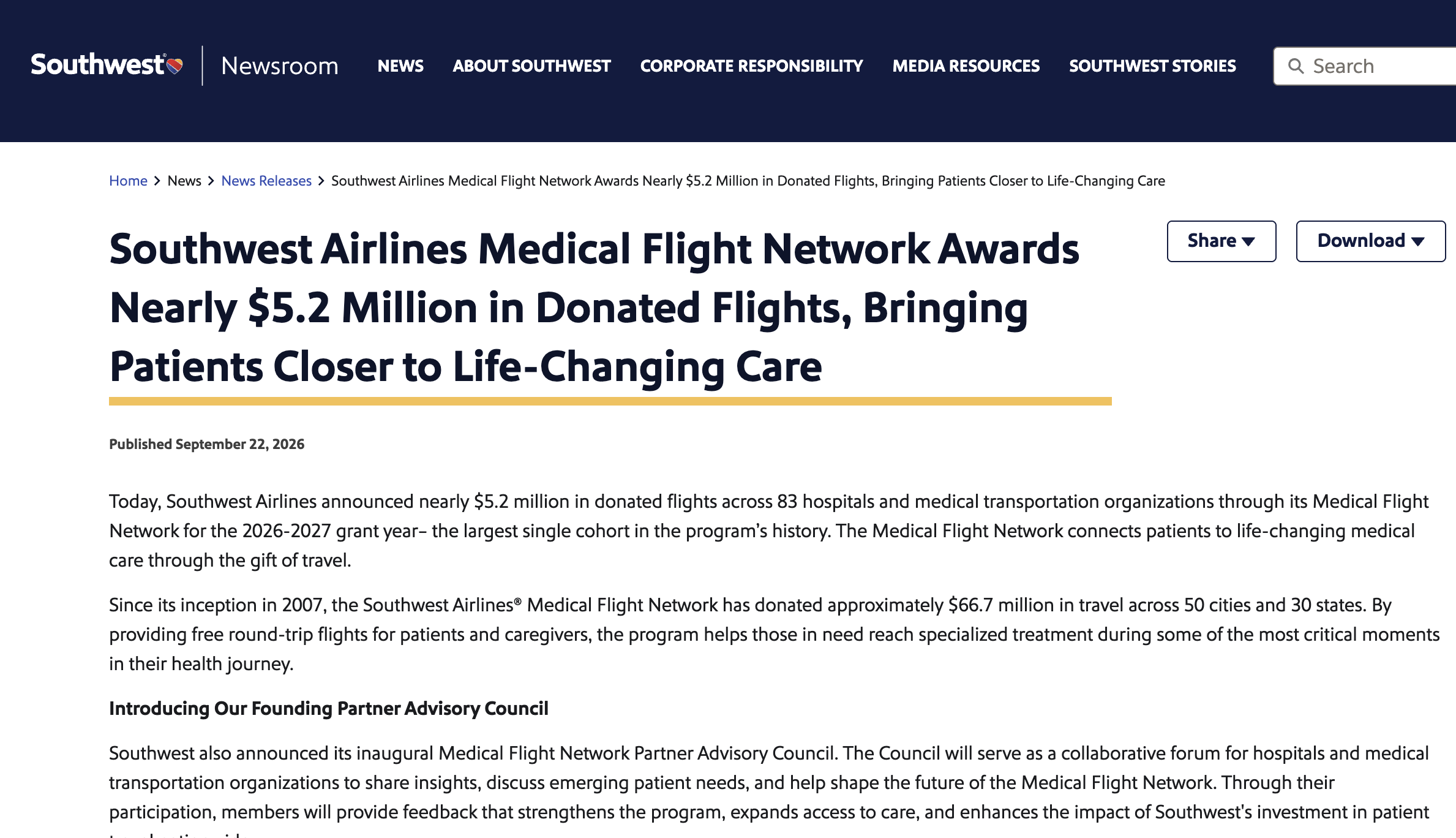 Southwest Airlines Medical Flight Network Awards Nearly $5.2 Million in Donated Flights, Bringing Patients Closer to Life-Changing Care