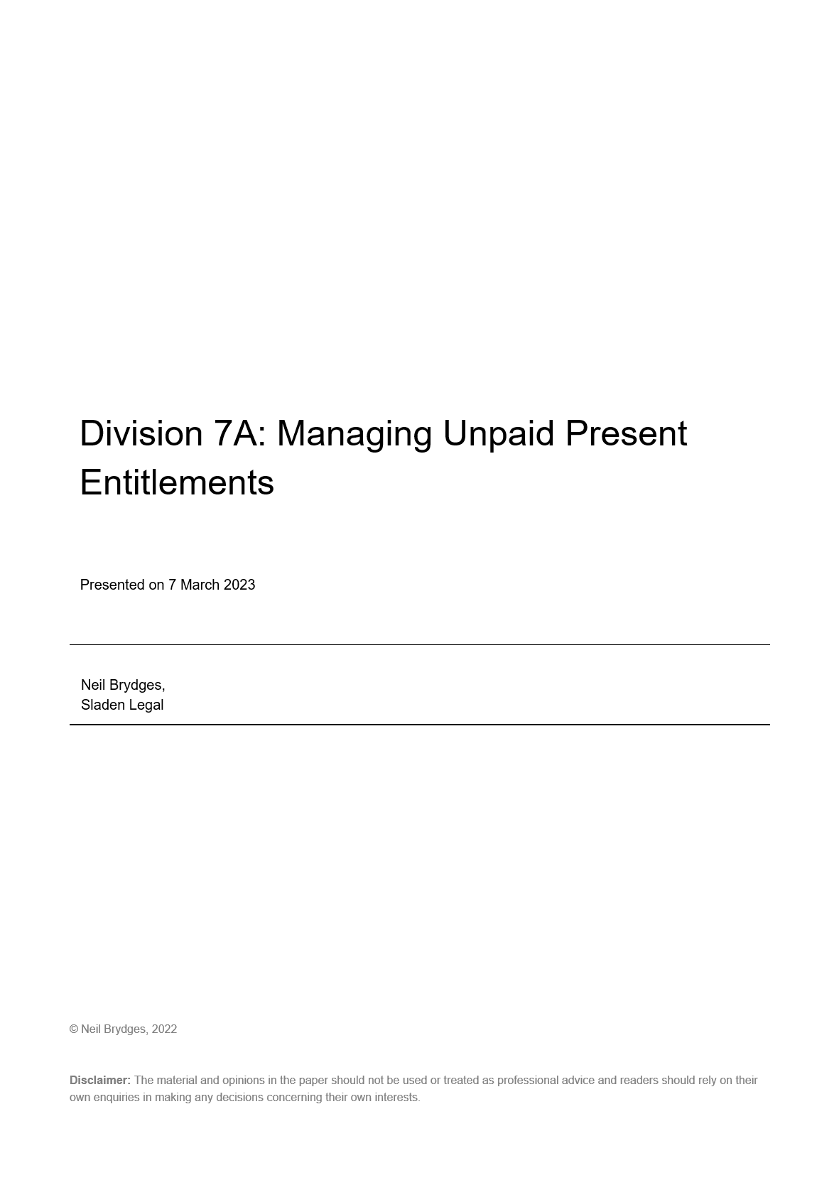 Division 7A: Managing Unpaid Present Entitlements