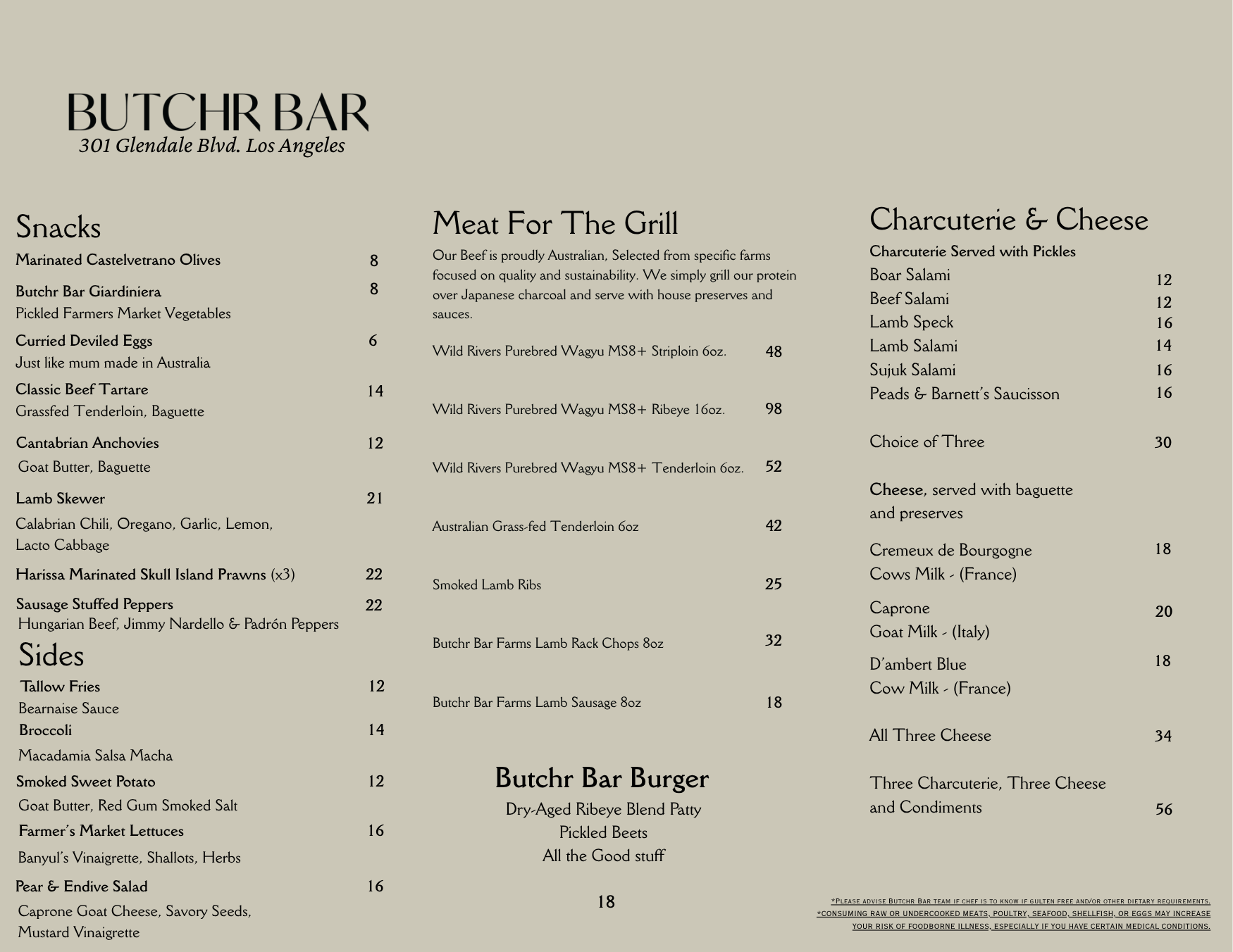 DINNER MENU — BUTCHR BAR