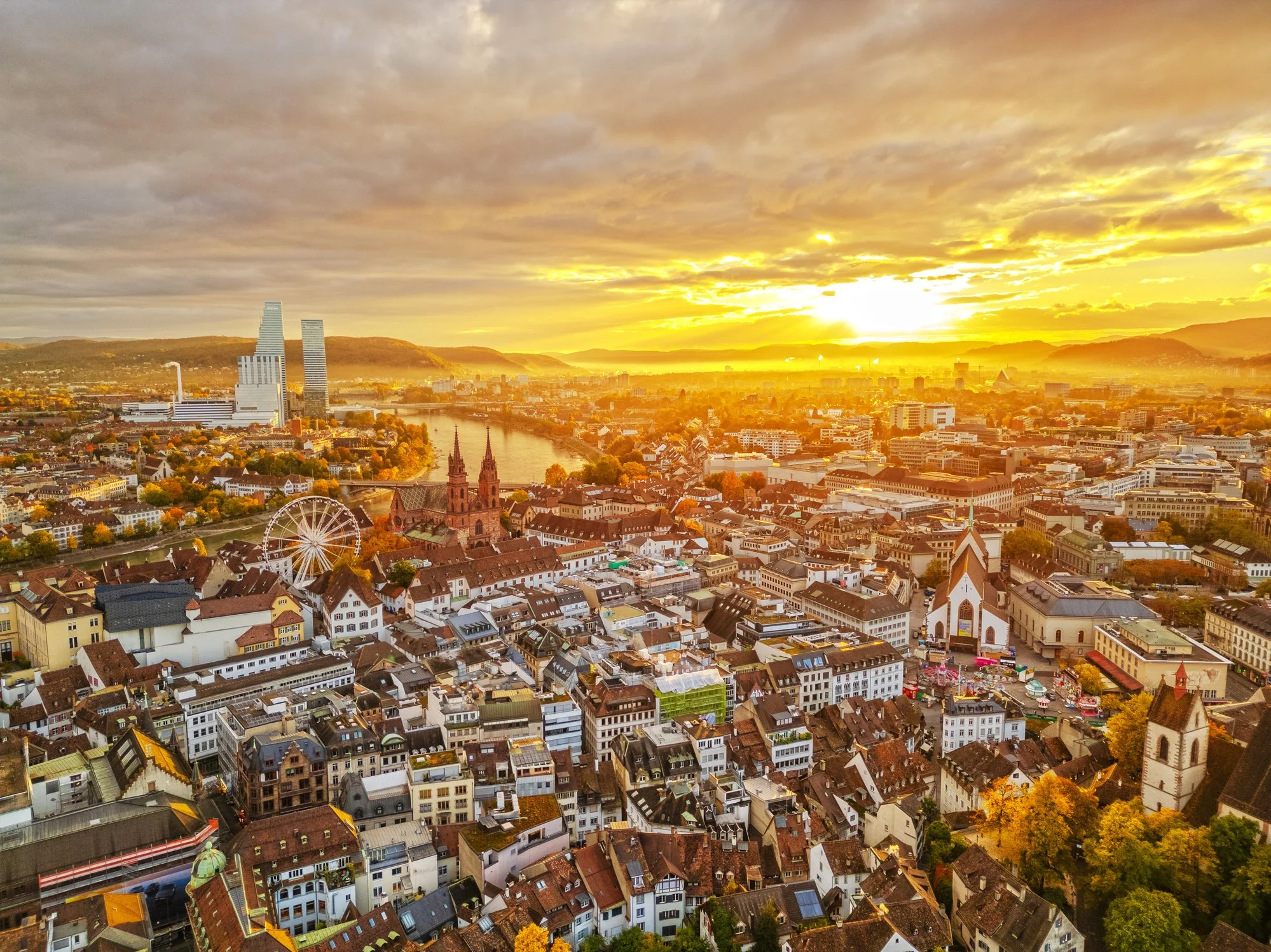 Sunrise image overlooking Basel, Switzerland and the Rhein River
