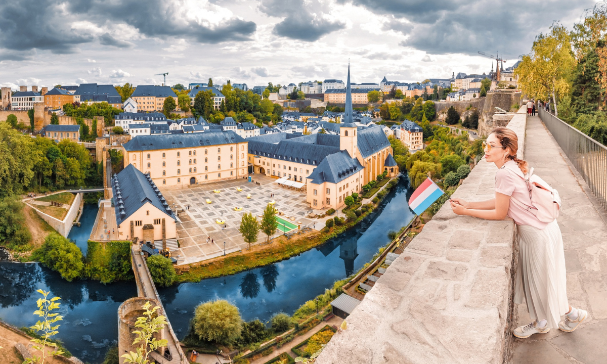 Young woman overlooking Luxembourg City.
