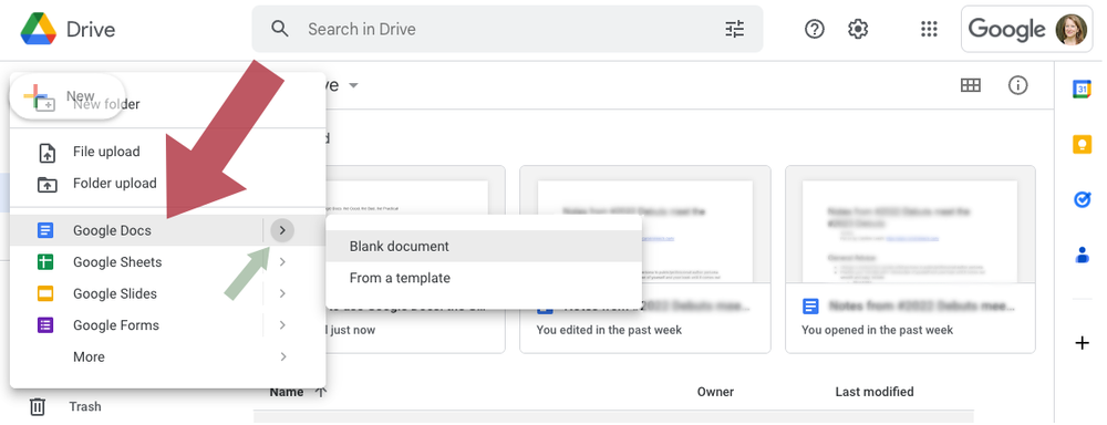 Google Drive dashboard with the dropdown menu for "New" open.  Arrow pointing to Google Docs and the expandable menu for a blank document or template