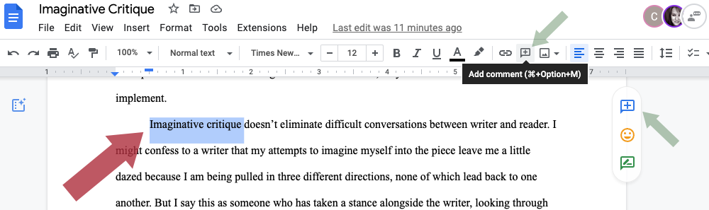 Highlighted phrase in a Google Doc. Arrows point to the highlighted words, the comment icon in the toolbar, and the three response icons in the right margin of the document.