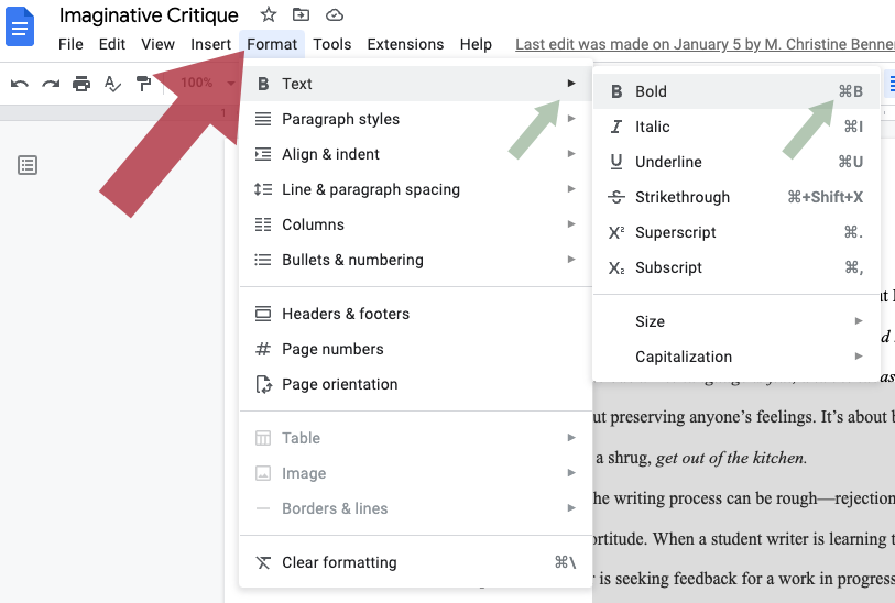 Expanded "Format" menu with the "Text" option expanded. Arrows highlighting the menu item, the "Text" dropdown, and the keyboard shortcut for "Bold"