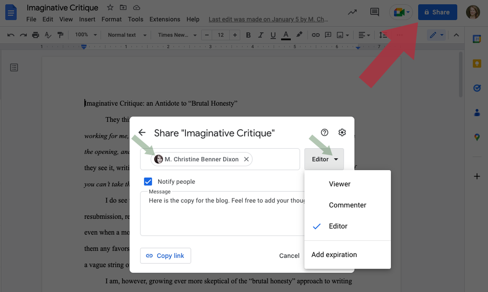 An open Google Doc with the "Share" dialog box activated. Arrows pointing to the blue share button in the background, the collaborator who has been added, and the dropdown menu with permission options.