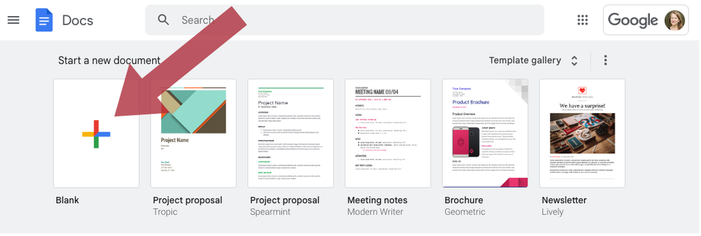 Google Docs dashboard. A large arrow pointing to the multicolor plus sign for creating a blank document.