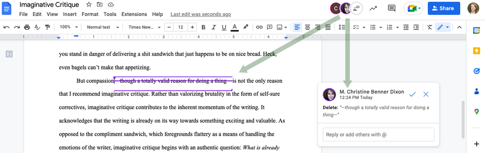 A Google Doc with a suggested change highlighted in purple. Arrows connect the purple user to the change and the comment box referring to the change.