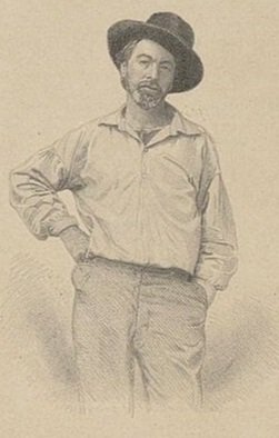 Engraved image of a young Walt Whitman with hat askew and hand on hip.