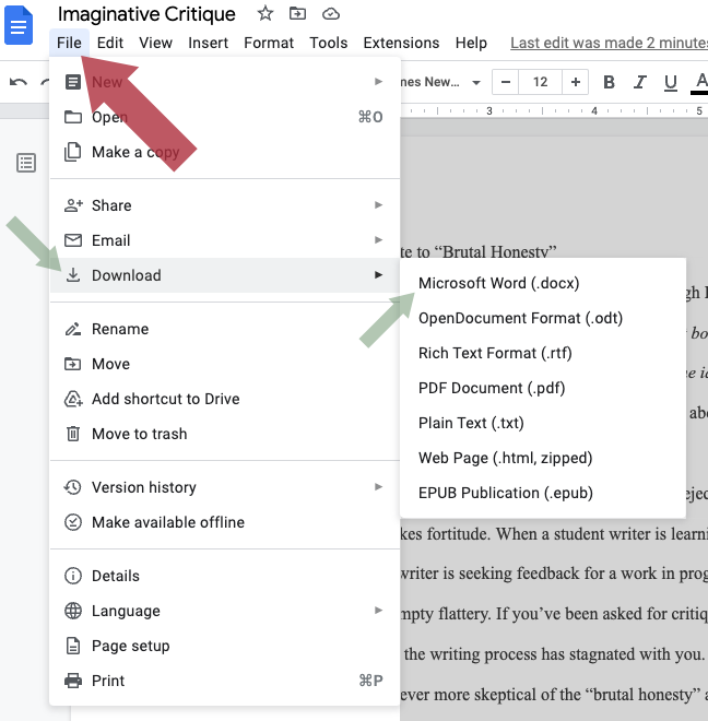 Dropdown "File" menu in a Google Doc. Arrows point to the "File" menu item, the "Download" option, and the file format options.