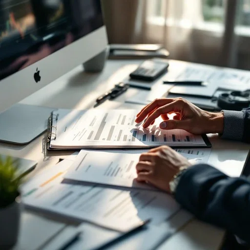 A person working at a desk with papers, documents, a computer, and a smartphone in a well-lit room.