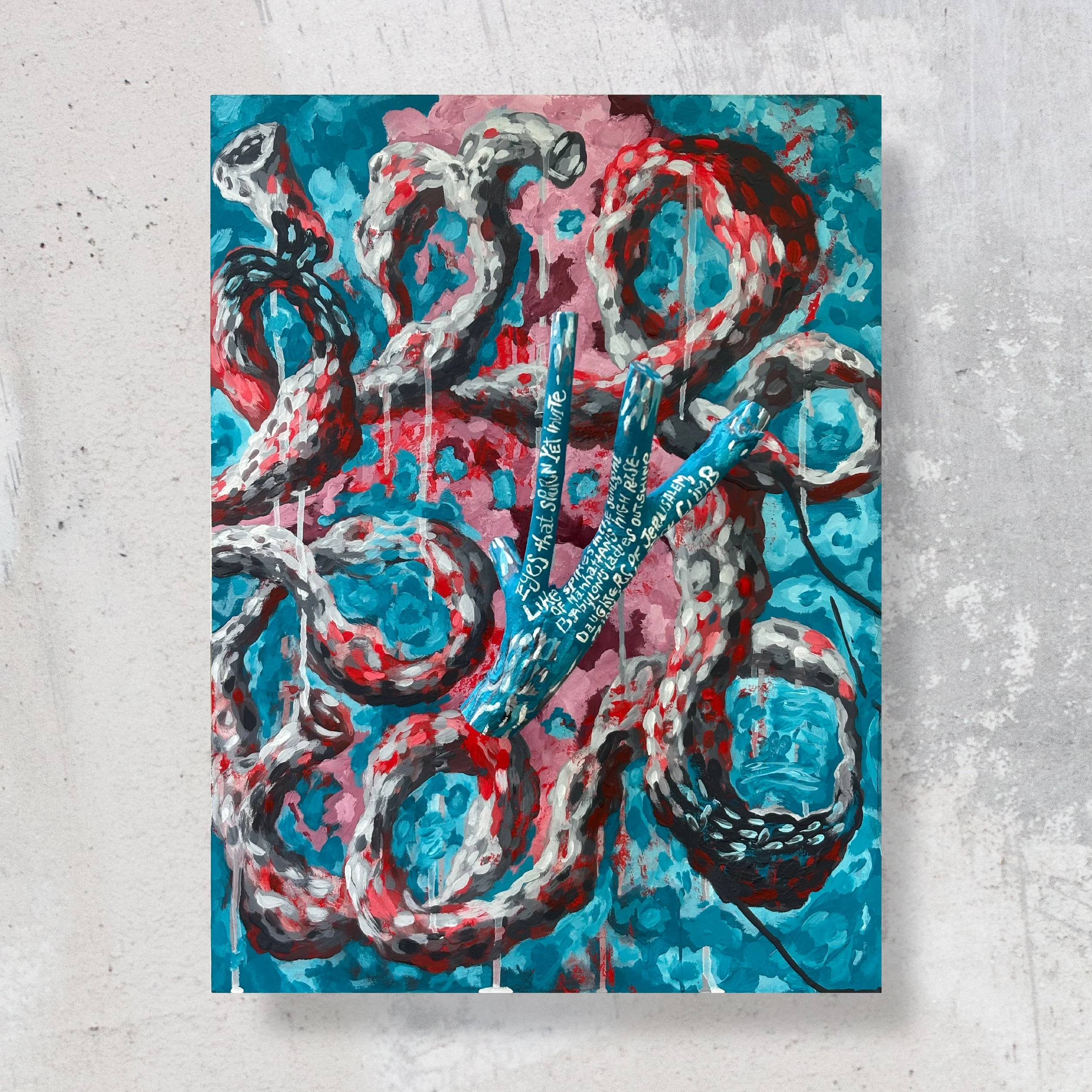 “Zion is no easy climb”
with the poem: In Your Face
by Samuel Menashe...

Eyes that spurn yet invite; Like spikes in the sunlight; Of Manhattan’s high-rise—; Babylon’s ladies outshine; Daughters of Jerusalem, Zion is no easy climb

Acrylic on birch c