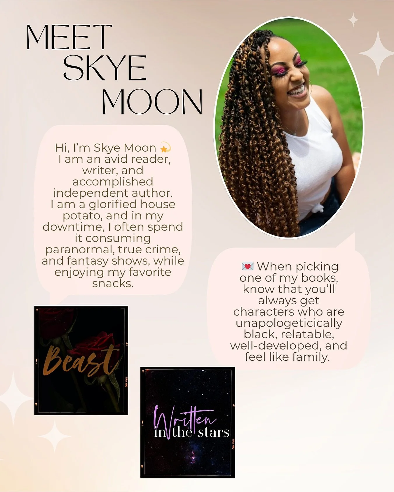 Since I have a number of new subscribers, I wanted to take a moment to re-introduce myself. 

Hi! My name is Skye Moon and you may know me as the author of Beast, Written in the Stars, Compulsive, and so many other titles. I have been writing for as 