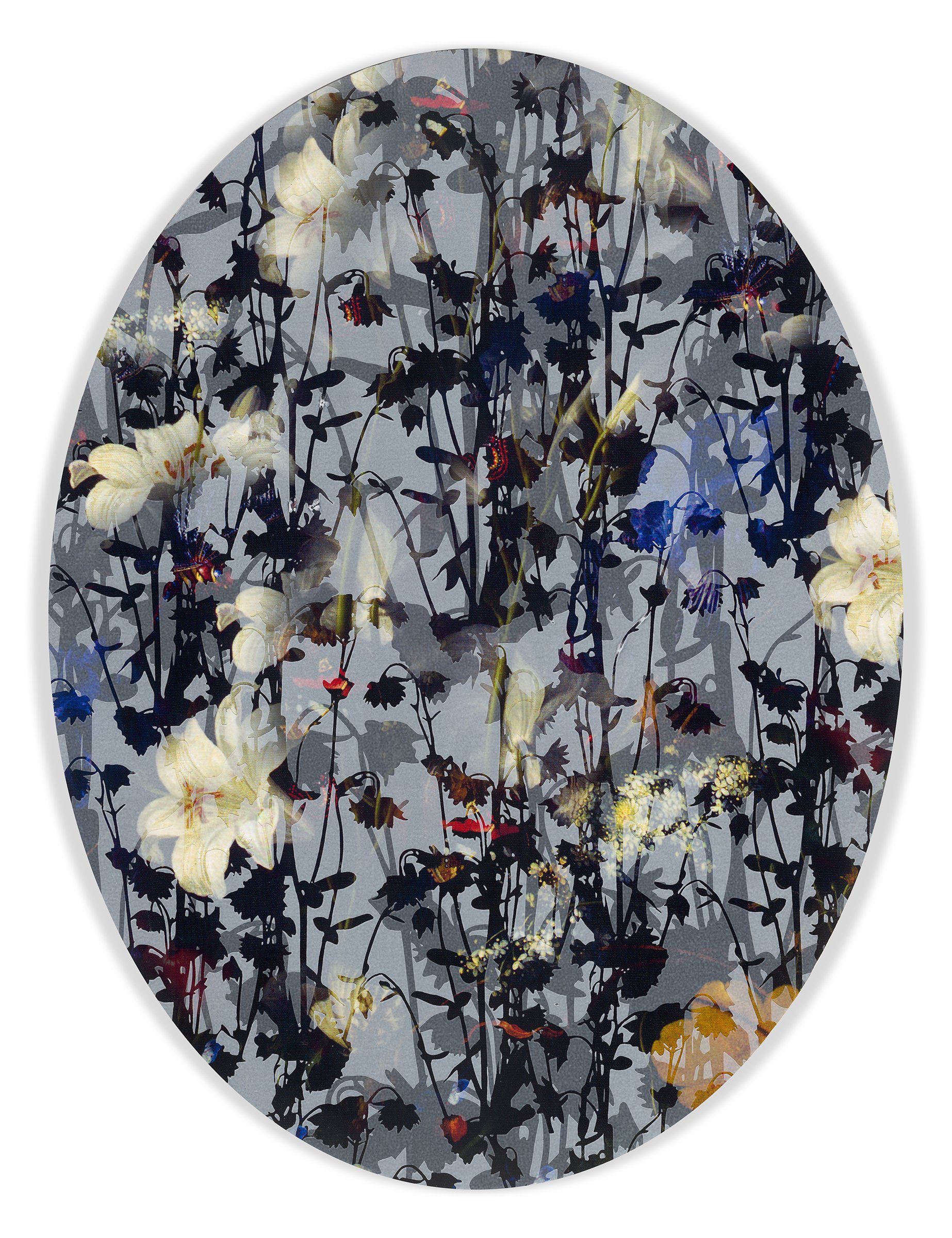 In the Looking Glass (Kaleidoscopic Florals 7), 2025
Acrylic and archival inkjet on canvas mounted to oval panel, 24 x 18 x 3/4 inches