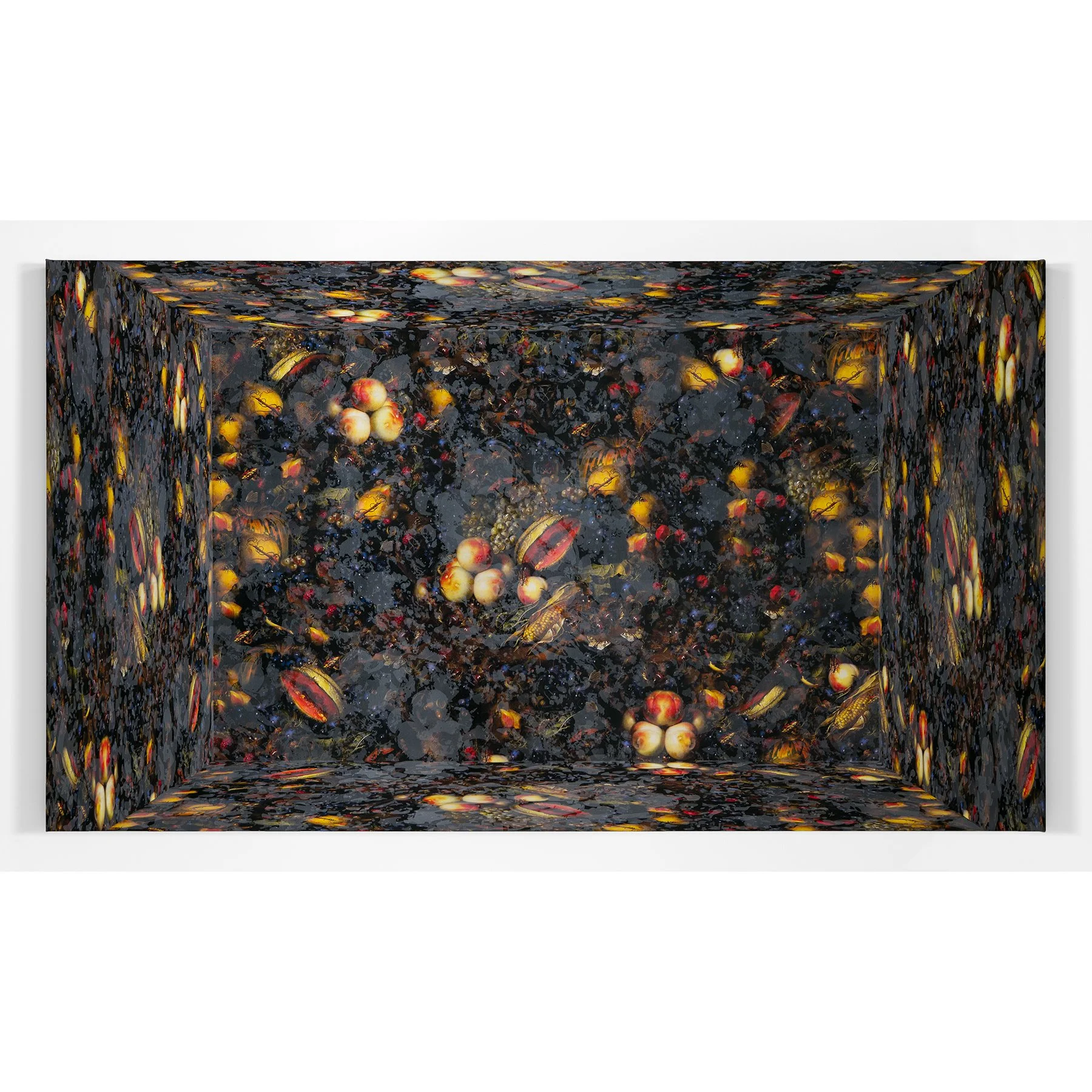  Cultivating Wildness (Fruit Piece after Rachel Ruysch) 4,  2026 Acrylic and digital collage on canvas 48 x 84 inches