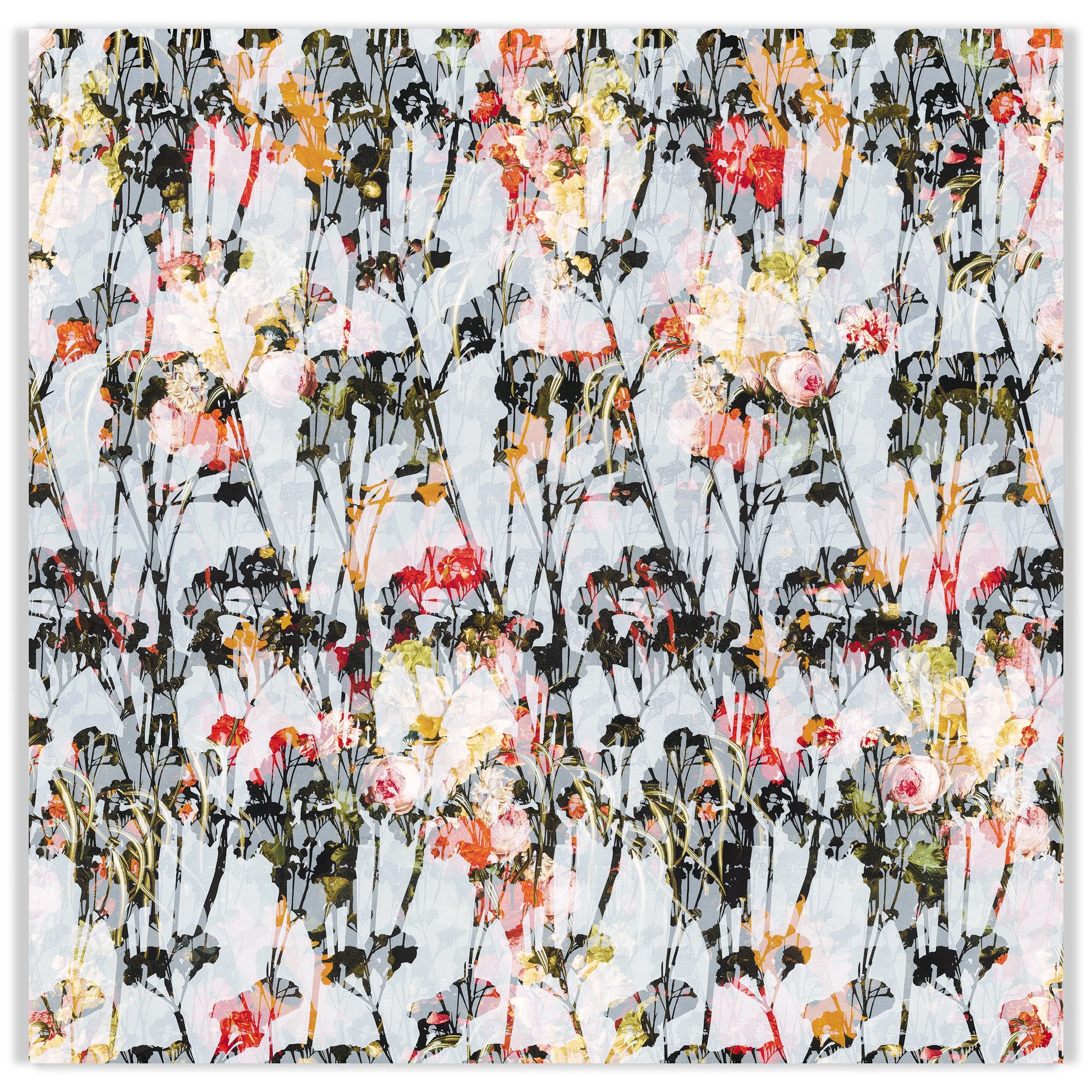 Flowers from Ghosts (sunflowers), 2024 Acrylic and archival inkjet on canvas mounted to panel, 36 x 36 x 1 1/2 inches
