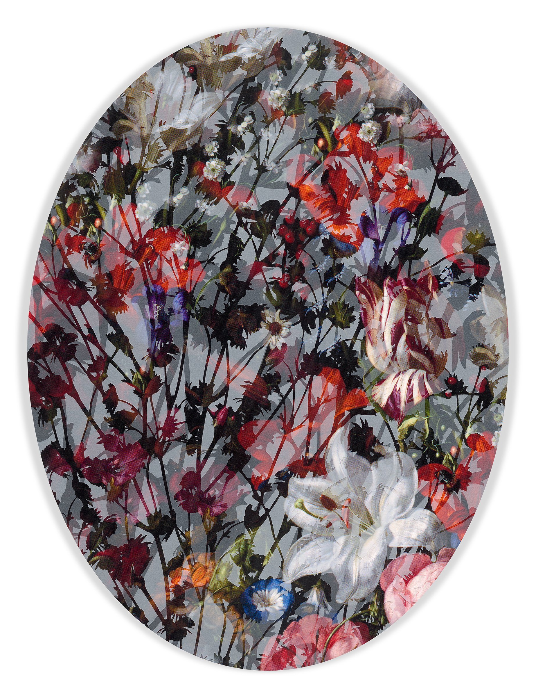 In the Looking Glass (Kaleidoscopic Florals 6), 2025
Acrylic and archival inkjet on canvas mounted to oval panel, 24 x 18 x 3/4 inches