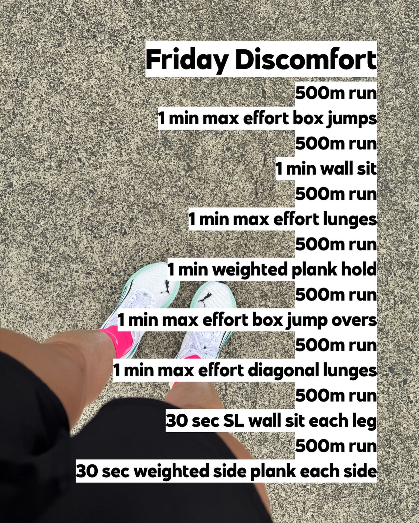 We can thank @skijem1 for today&rsquo;s dose  of discomfort 🔥 

500m run
1 min max effort box jumps
500m run
1 min wall sit
500m run
1 min max effort lunges
500m run
1 min weighted plank hold
500m run
1 min max effort box jump overs 
500m run
1 min 