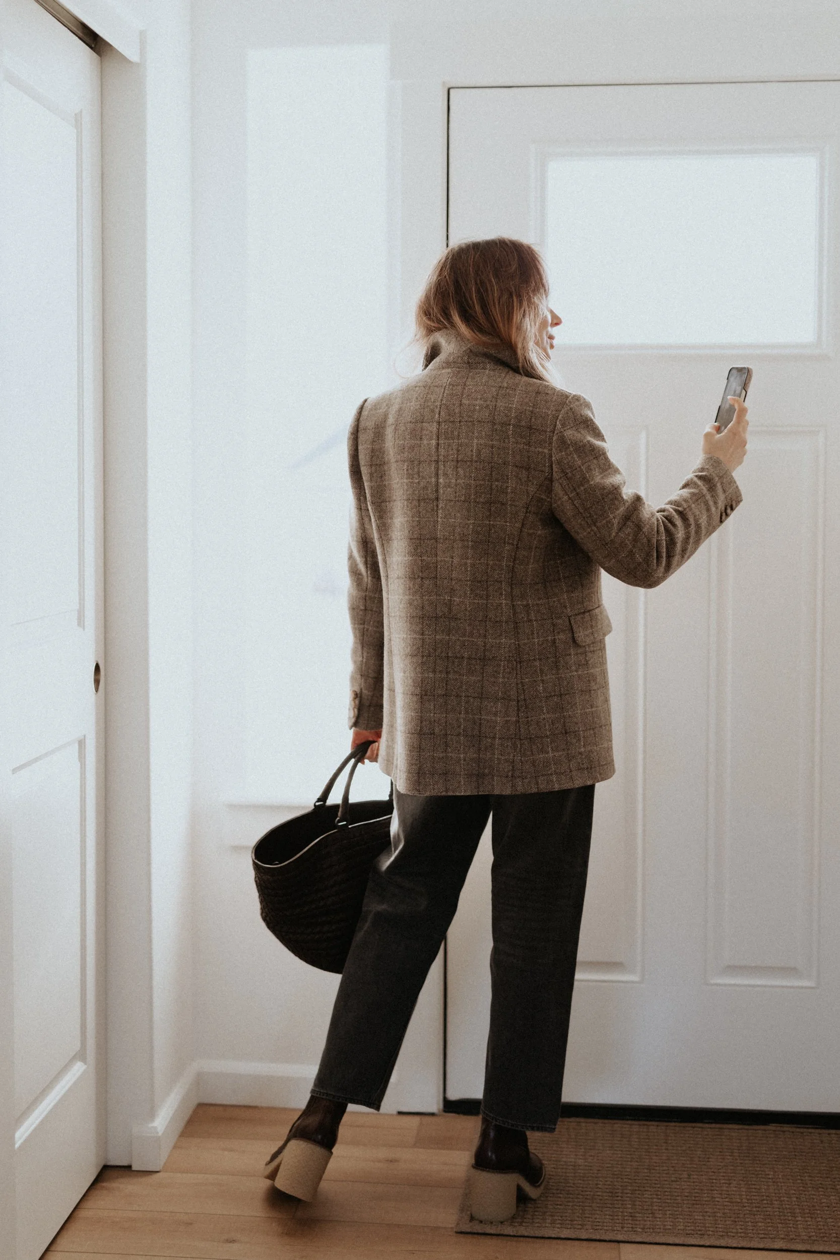sezane haby jacket in beige check print loro piana vibes