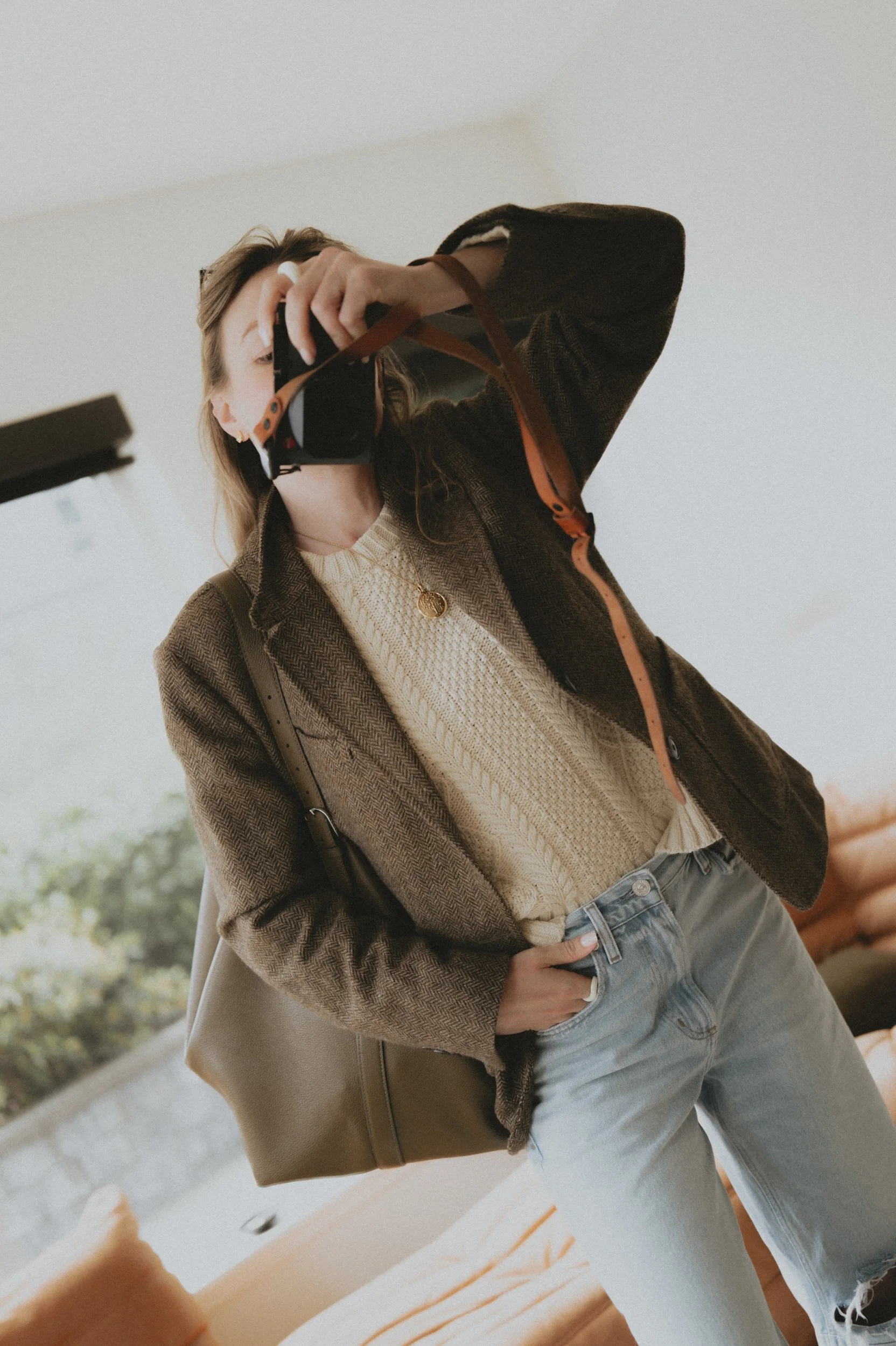  Citizens of humanity Miro rework ripped jeans massimo dutti gathered ballet flats buck Mason shrunken academy blazer ll bean fisherman knit crewneck sweater Toteme belted tote  