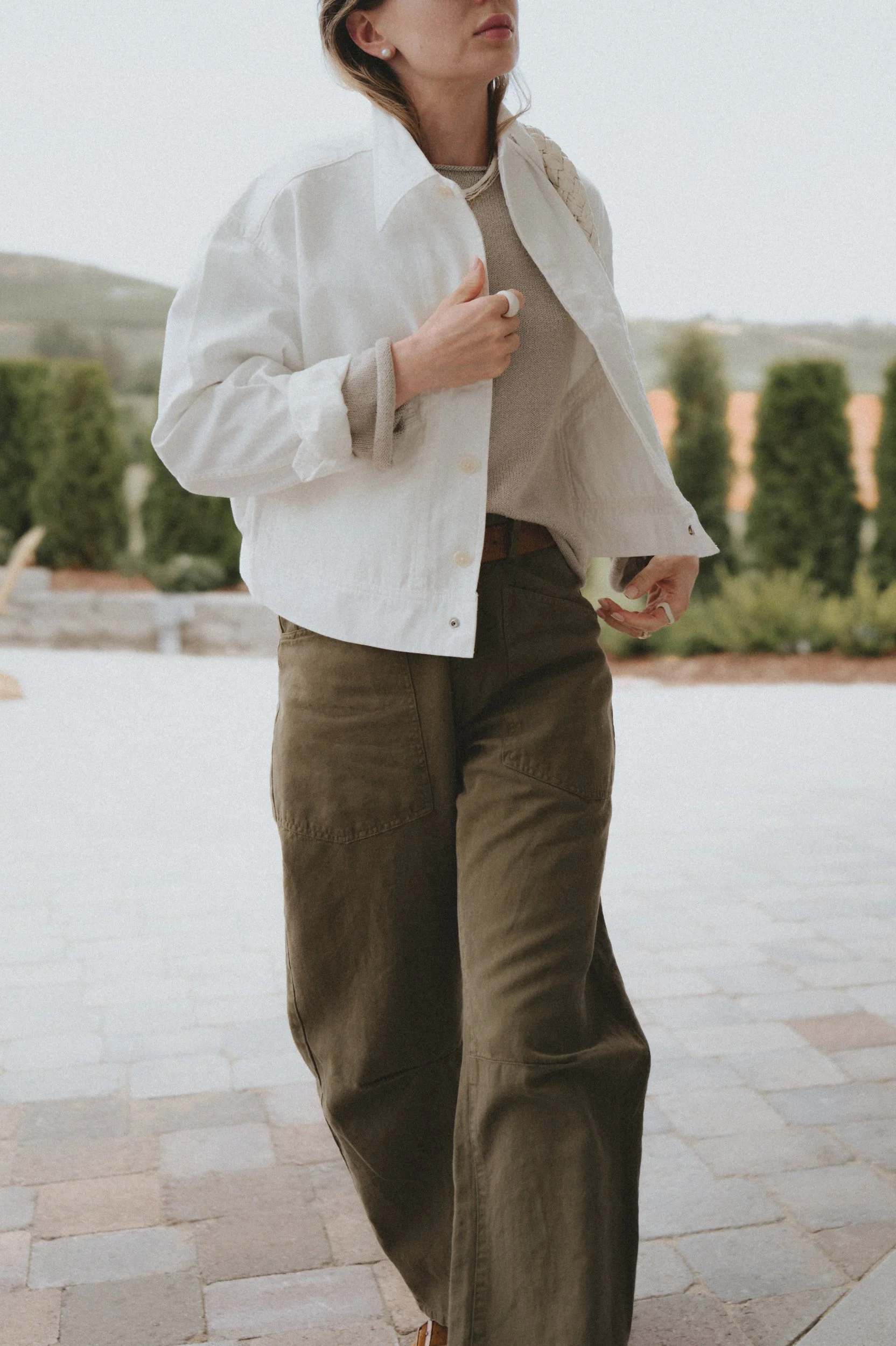  White denim jacket by Buck Mason Nili Lotan Shon pants in linen  