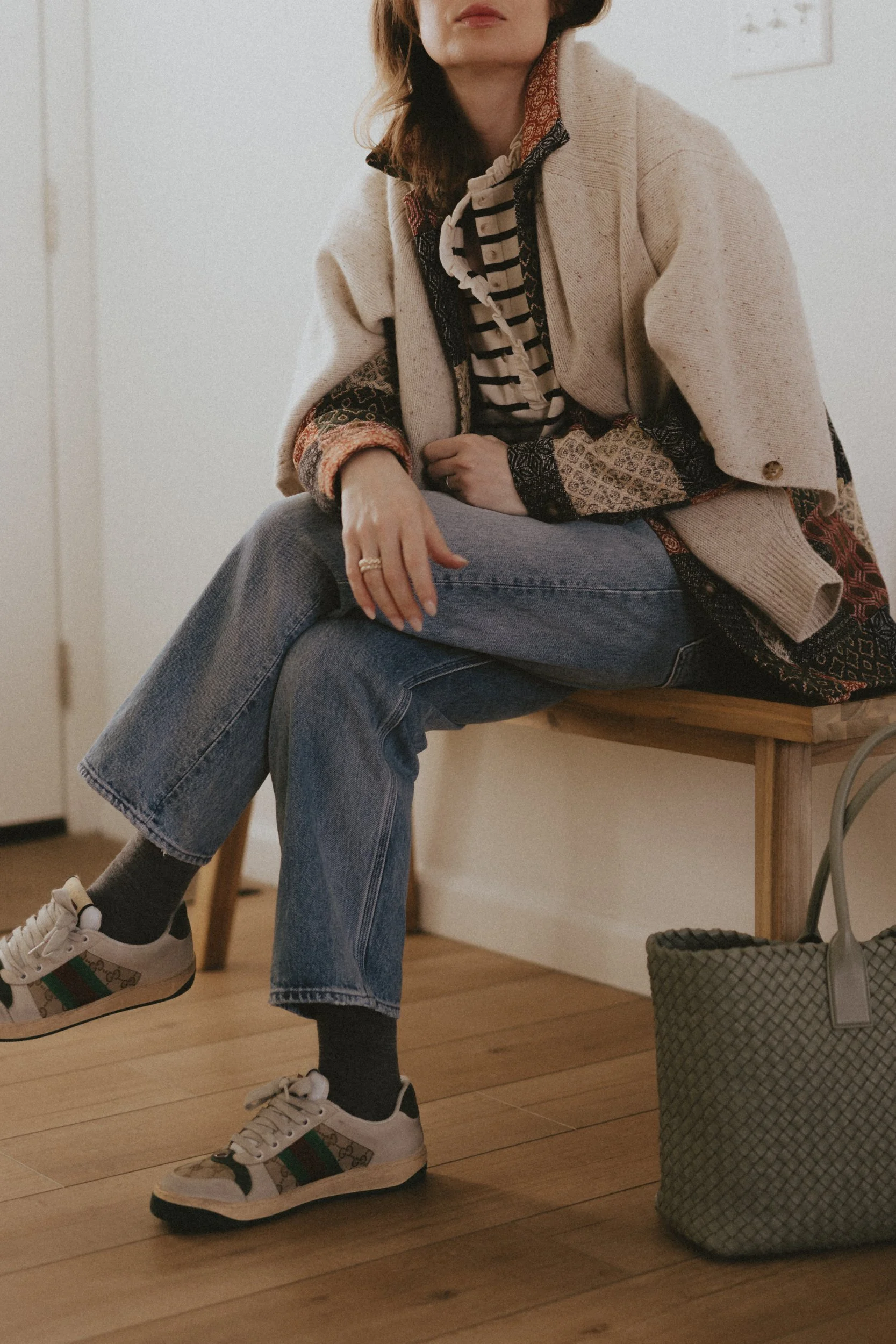 Aritzia cashmere cardigan bottega veneta cabat bag g star raw wide leg jeans sezane mariniere sezane will jacket gucci screener sneakers