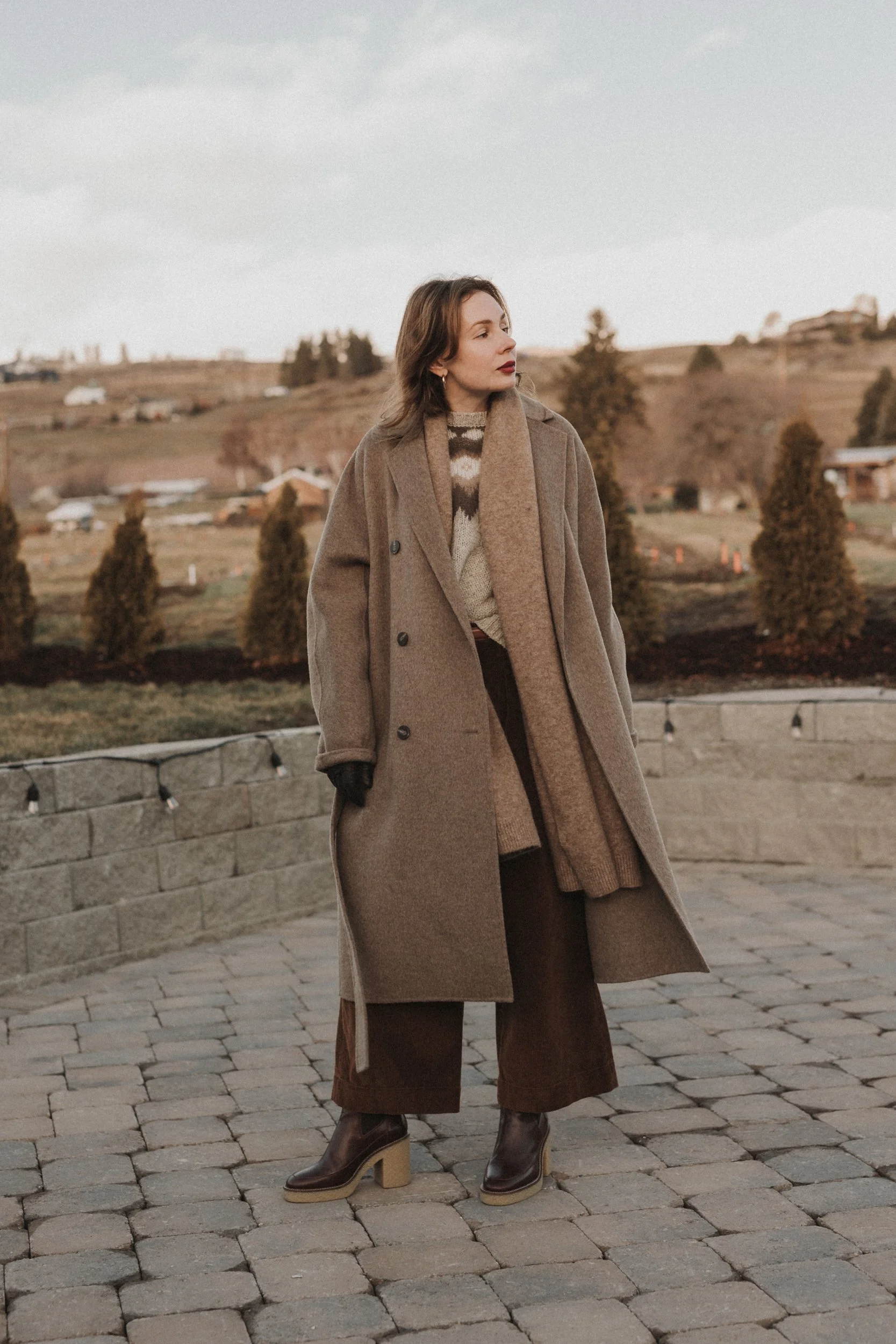 Polo ralph lauren corduroy pants marika boots sezane taupe oversized coat in the row style intarsia knit fair isle sweater blanket alpaca scarf