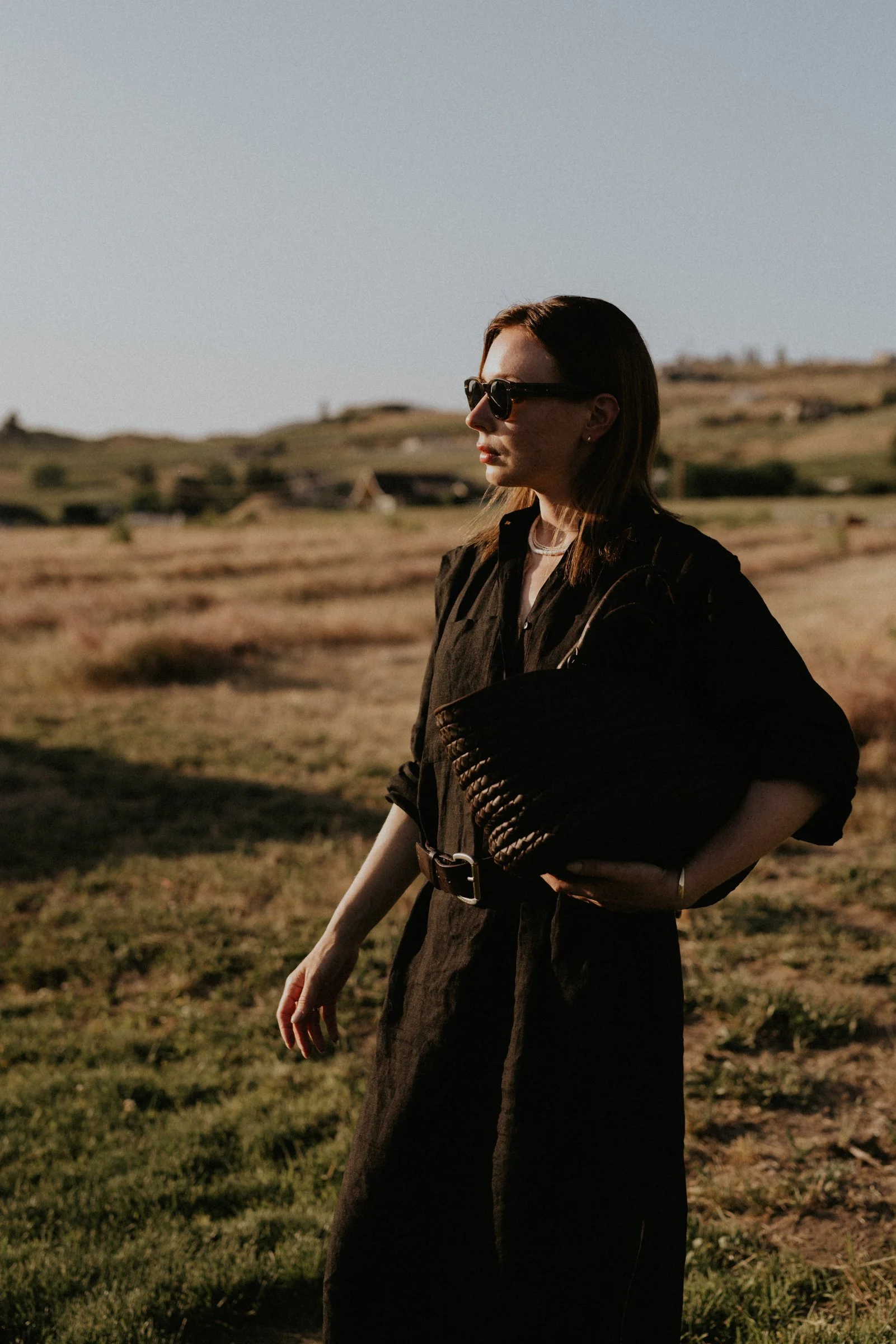 G star raw wide belt bottega veneta bag koryphae linen dress 48 mm sunglasses puka shell necklaceEarly Fall look fall aesthetics outfit for fall ideas
