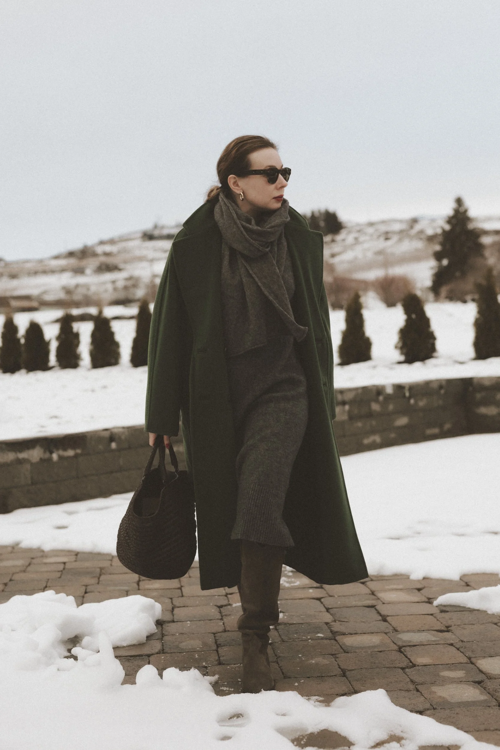 isabel marant denvee boots cashmere blanket scarf max mara madame coat bottega veneta vintage bag dark brown tote suede knee high boots