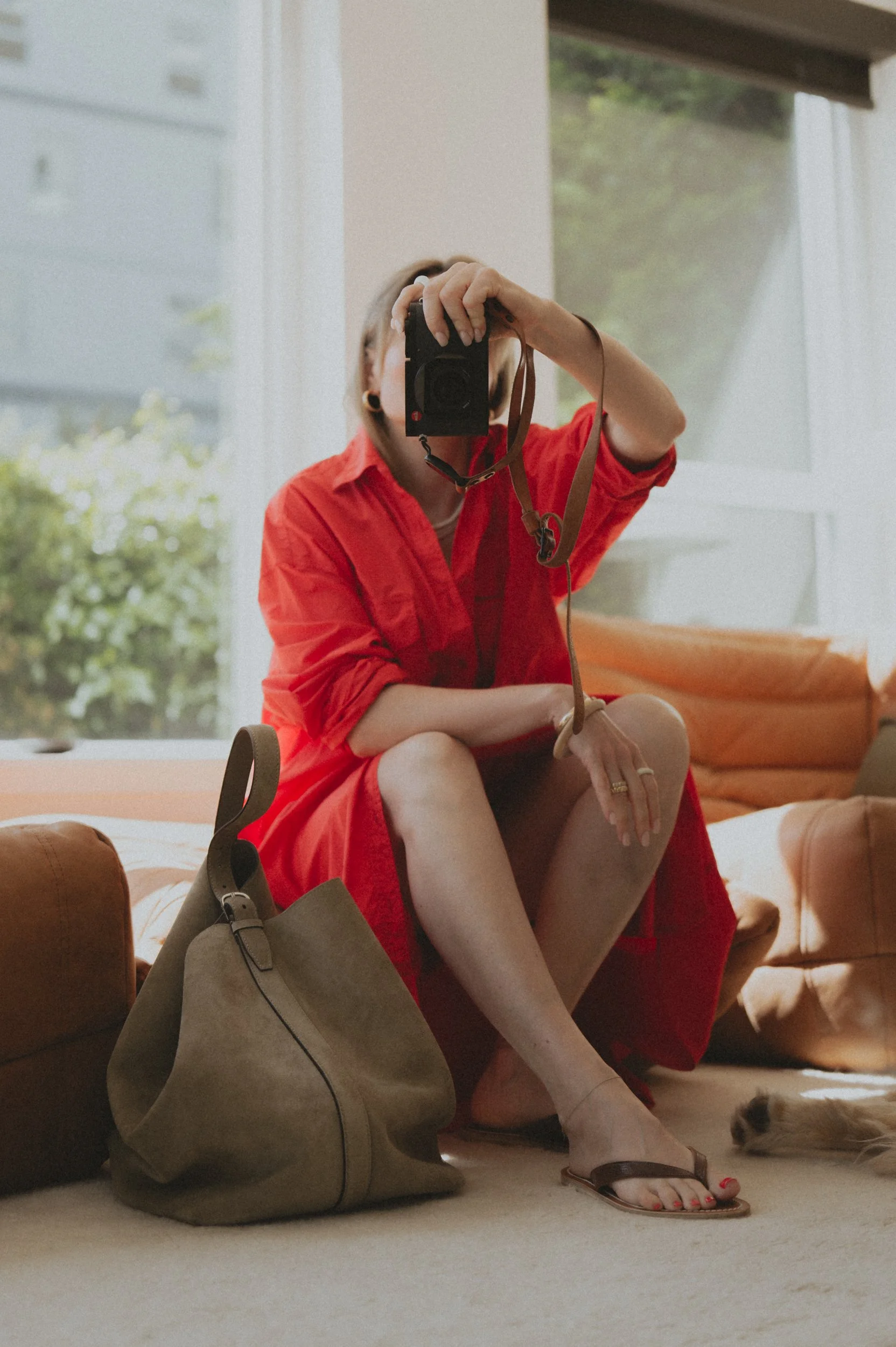 The Frankie Shop red shirt dress Toteme belted tote in suede K Jacques Torino sandals
