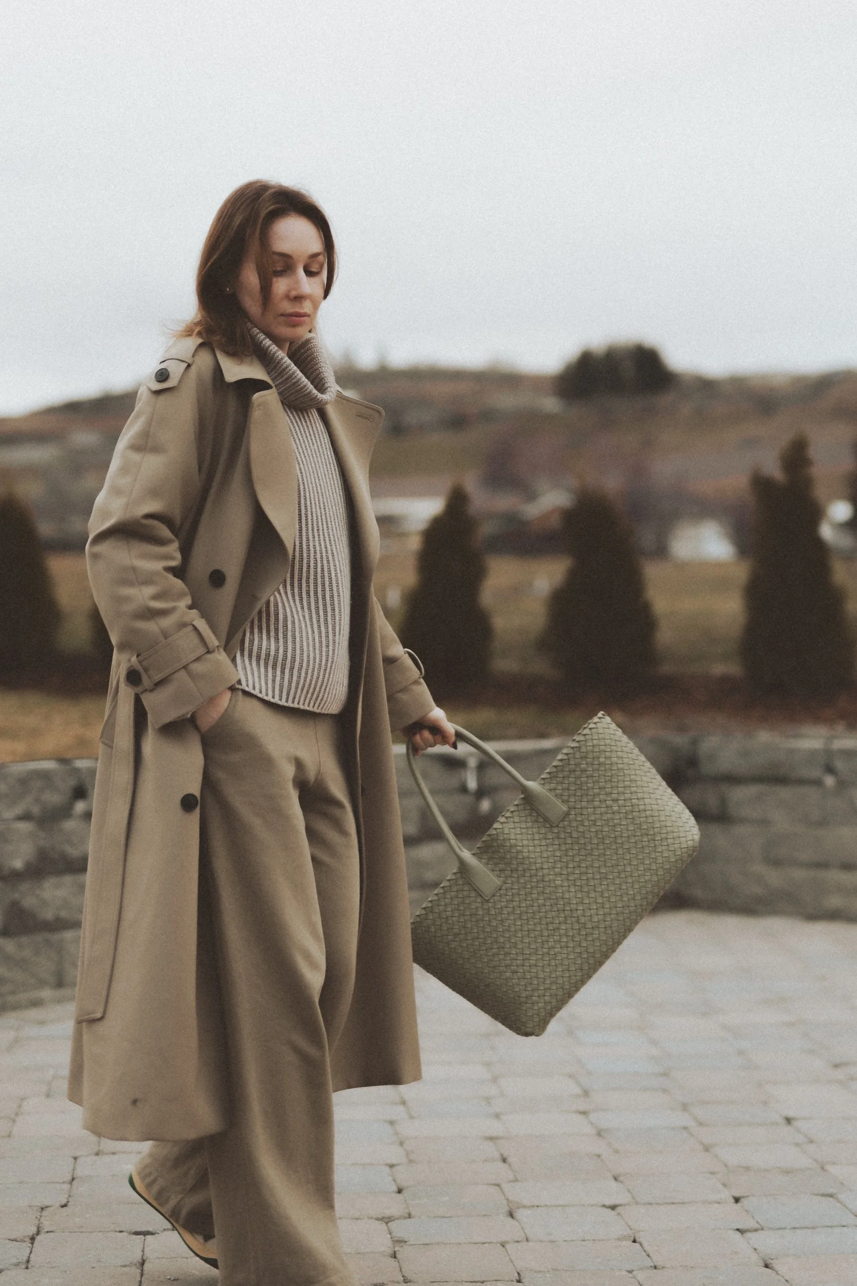 buck mason flared sweatpants pearl knit sweater oversized trench coat by reiss bottega veneta cabat bag in travertine