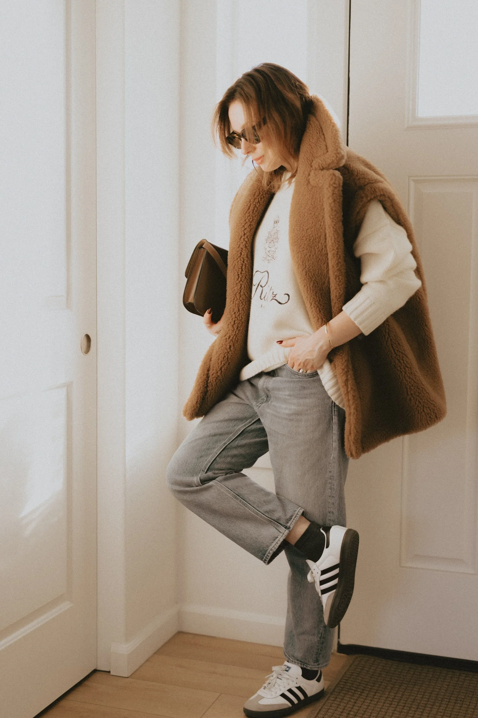 max mara teddy gilet frame the ritz cashmere sweater adidas samba sneakers celine box bag