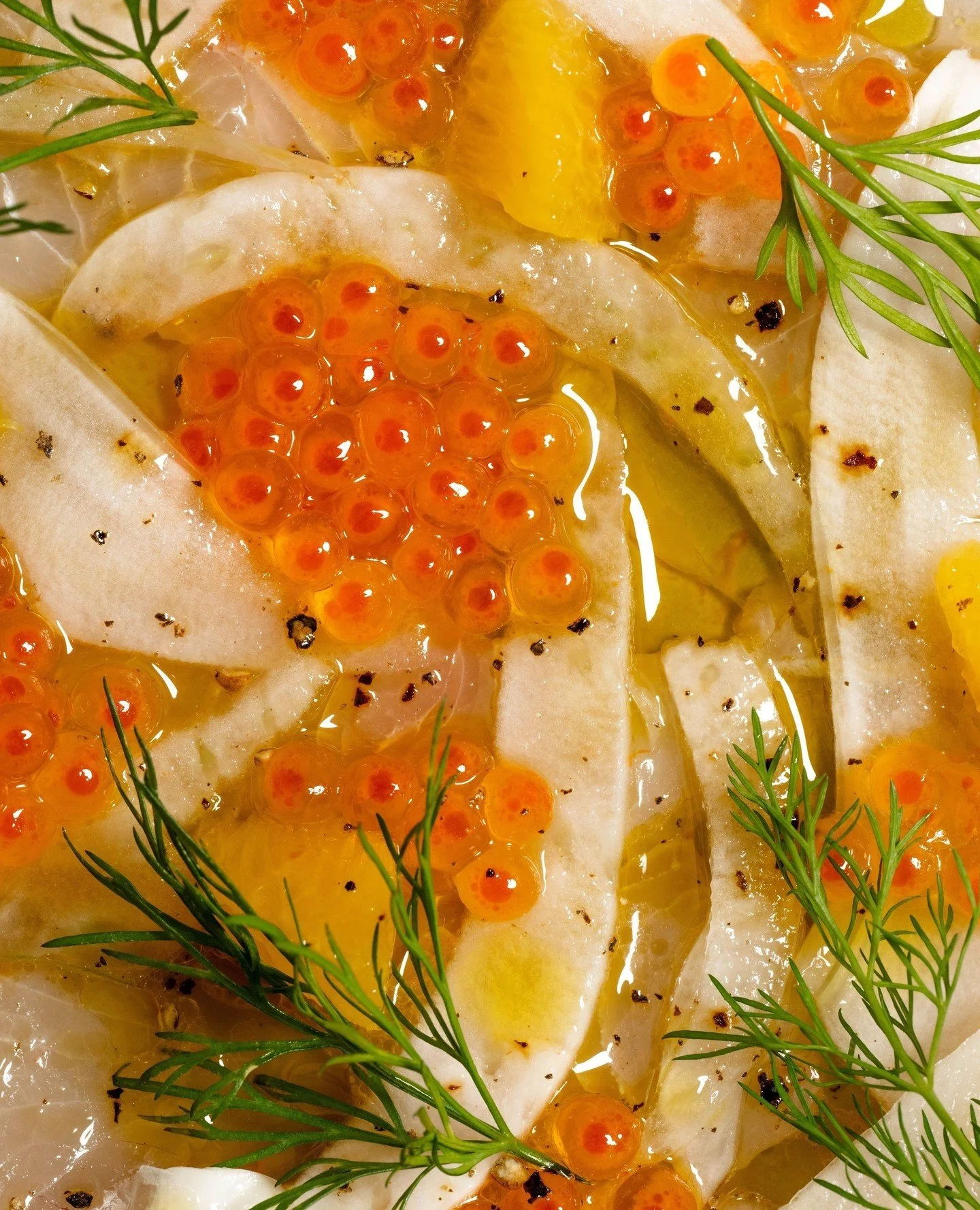 Our favourite spring/summer starter: Kingfish Crudo with layers of fennel, bright orange, a hint of Campari, and salmon roe.⁠
⁠
#OsteriaOggi #Kingfish #Crudo #Orange #Campari #SalmonRoe