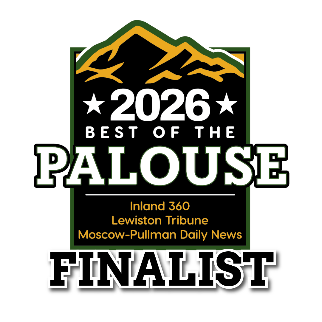 Logo for the 2026 Palouse Best of the Palouse finalist, featuring a mountain graphic, stars, and information about local newspapers.