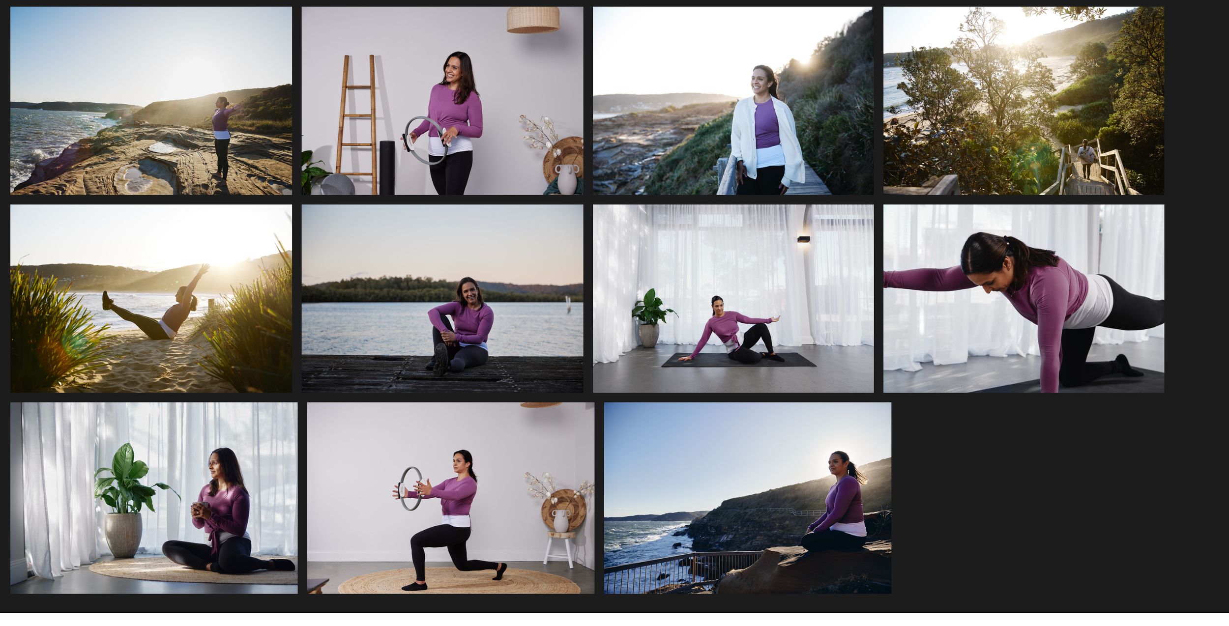A collage of nine images showing a woman practicing yoga indoors and outdoors near scenic landscapes, including the ocean, greenery, and a sunset, while wearing a purple top and black leggings.