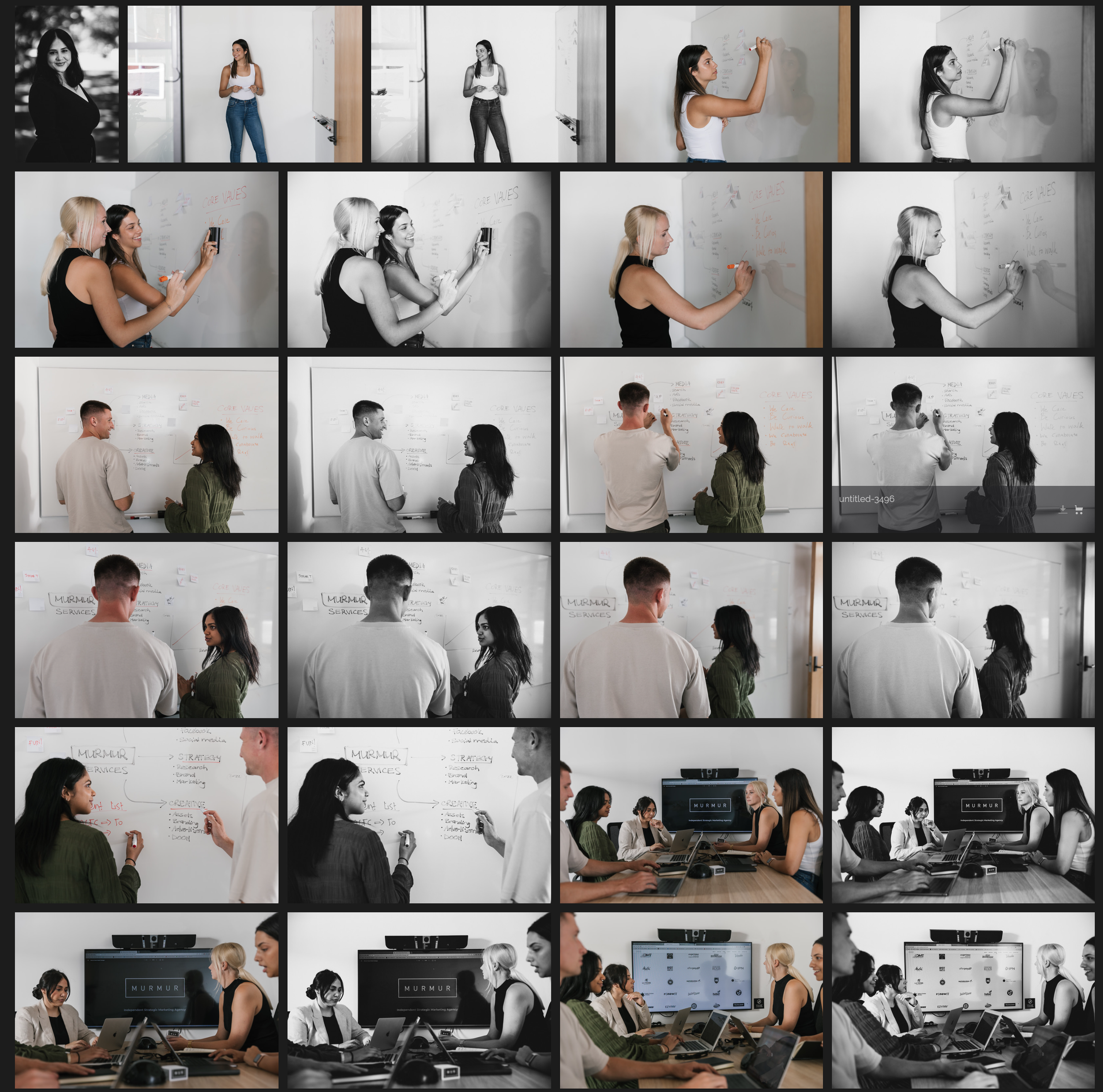 Series of images showing a team collaborating: women writing on whiteboards, discussing strategies, and participating in a meeting in a conference room with laptops and a screen displaying the company logo 'MURMUR'.
