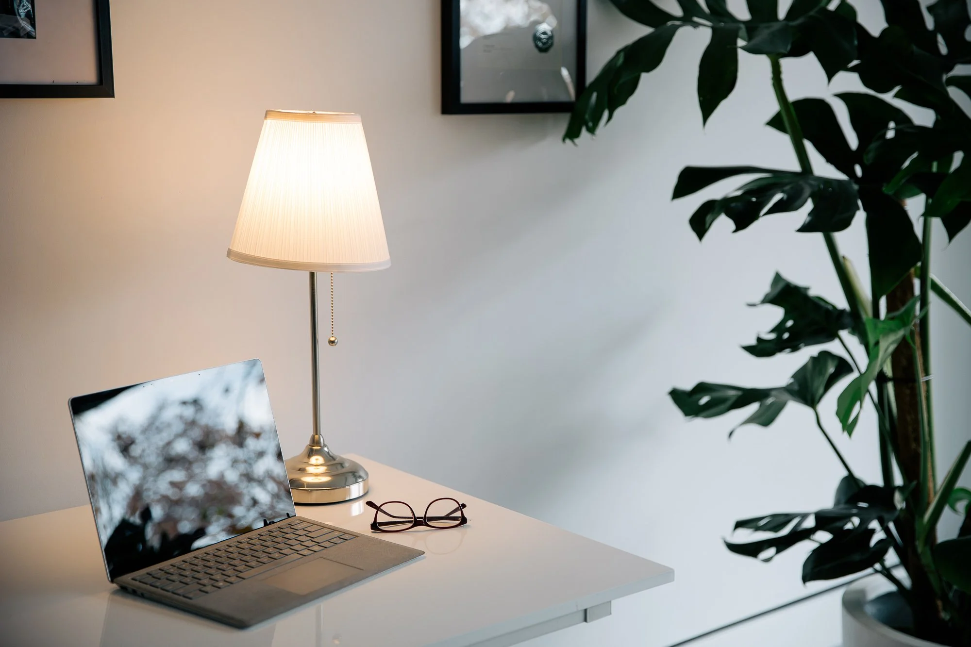 A desk with a laptop, a pair of glasses, and a table lamp, with a large plant to the right and framed pictures on the wall.