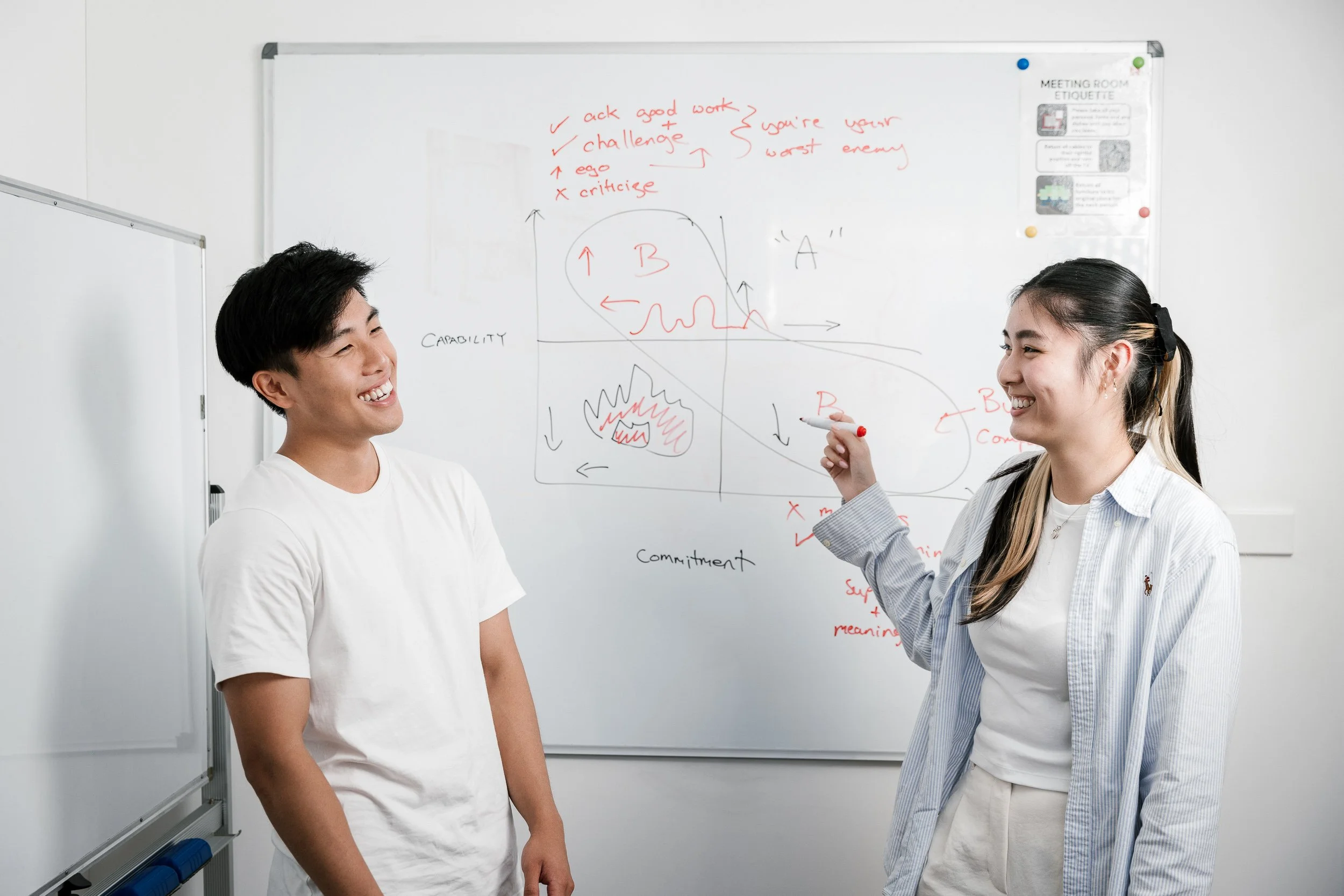 Two young people, a man and a woman, smiling and talking in front of a whiteboard with diagrams and notes. The woman is pointing at the whiteboard with a red marker.