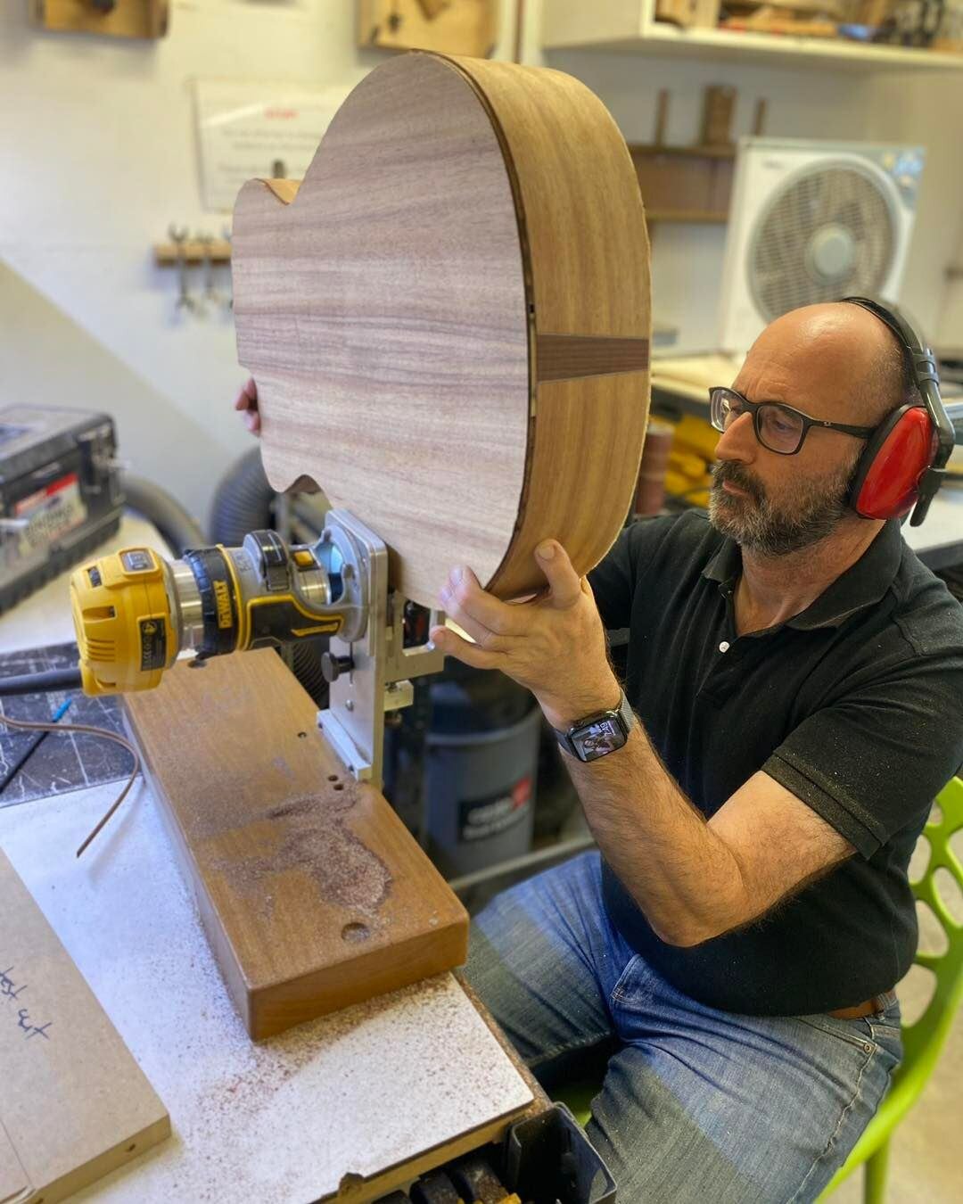 Jerome routing the binding channel. #lutherie #routingwood #routingjig #routing #brisbane #woodworking