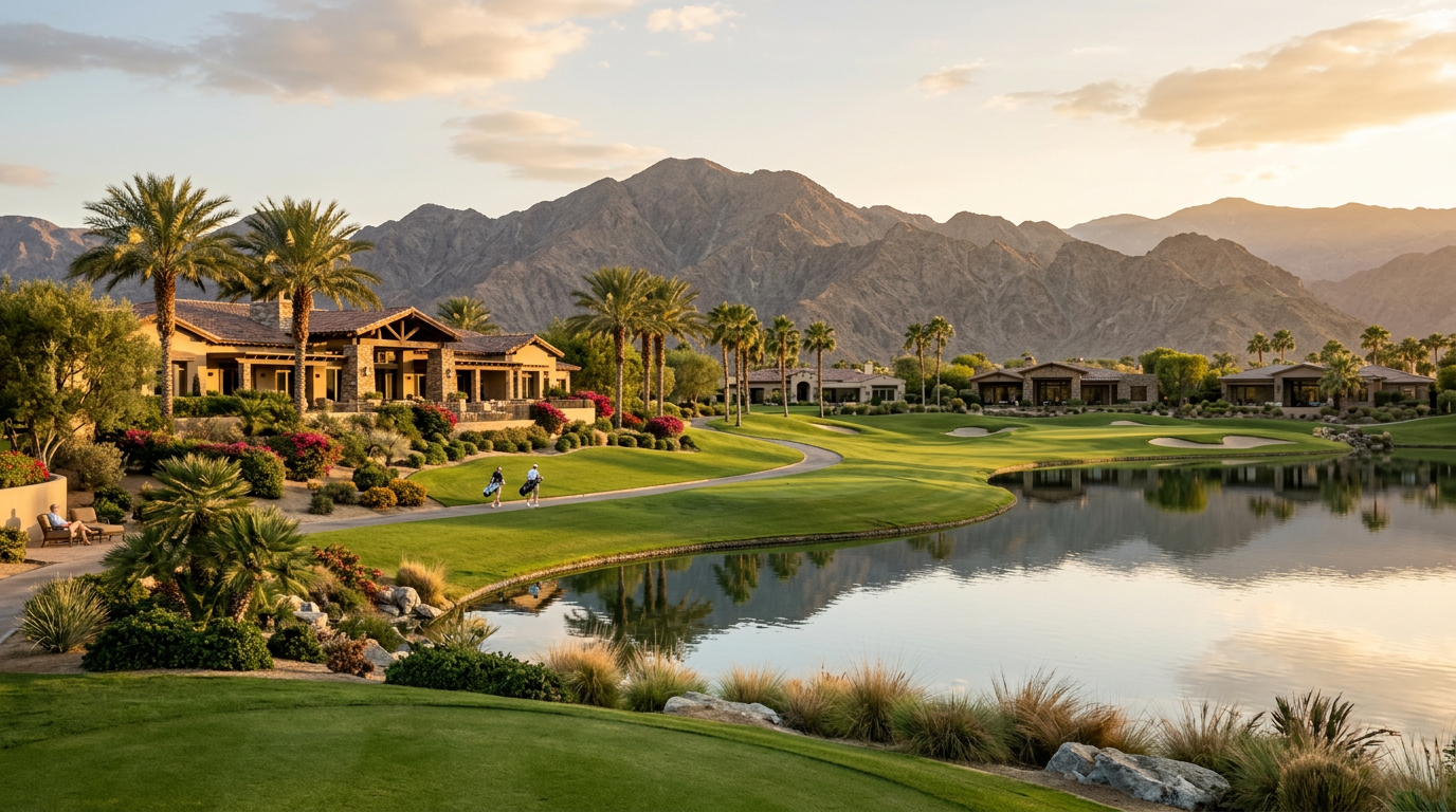 The Hideaway golf course, clubhouse and Santa Rosa Mountain setting