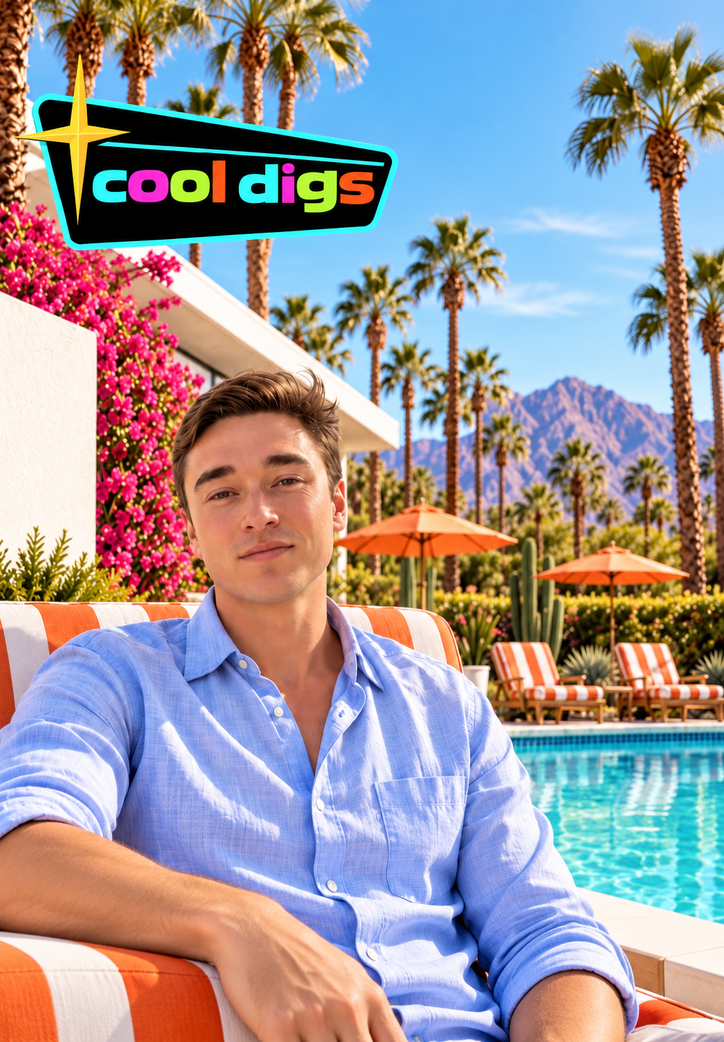 Daniel Dwyer beside a pool in La Quinta with the Cool Digs logo and desert mountains