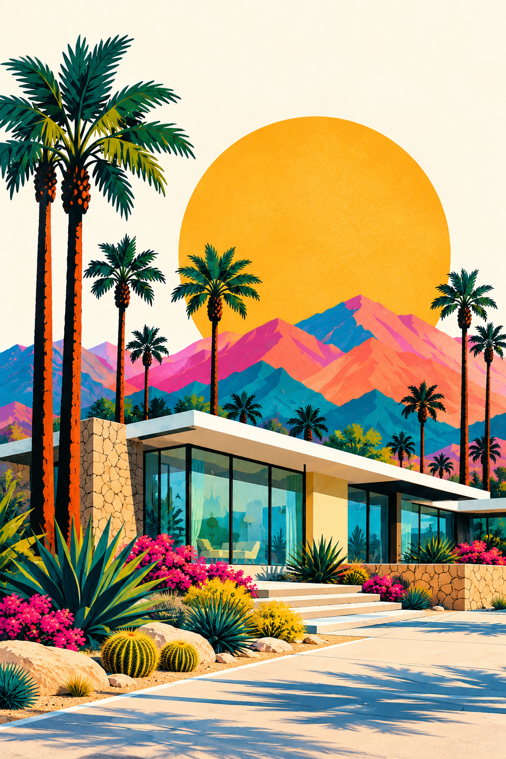 Mid-century desert home beneath palms, colorful mountains and a golden sun