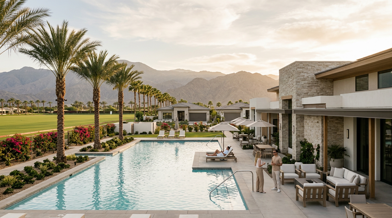 Contemporary desert homes, resort pool and Santa Rosa Mountains at Trilogy at the Polo ClubThe Polo Club, resort pool and polo-field setting at Trilogy at the Polo Club