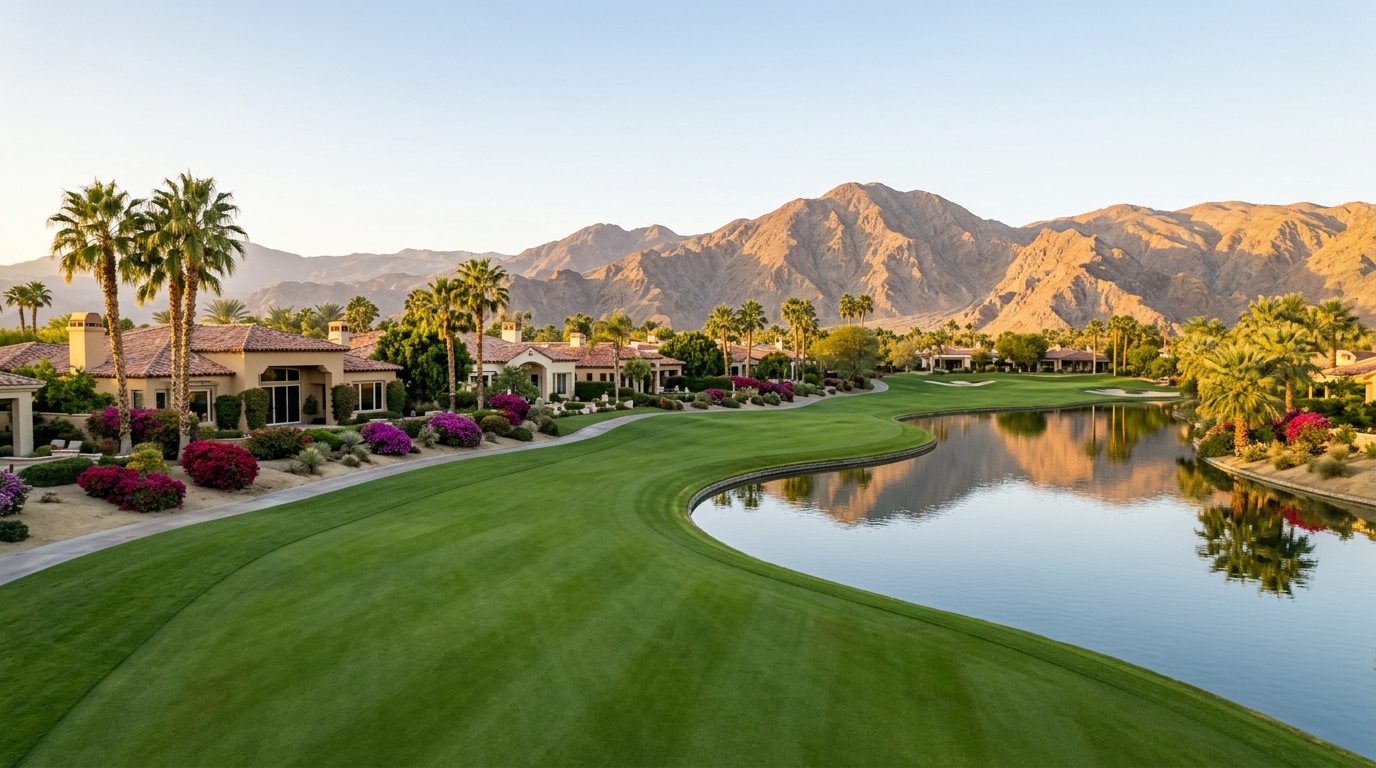 PGA West golf fairway, lakefront homes and Santa Rosa Mountain views
