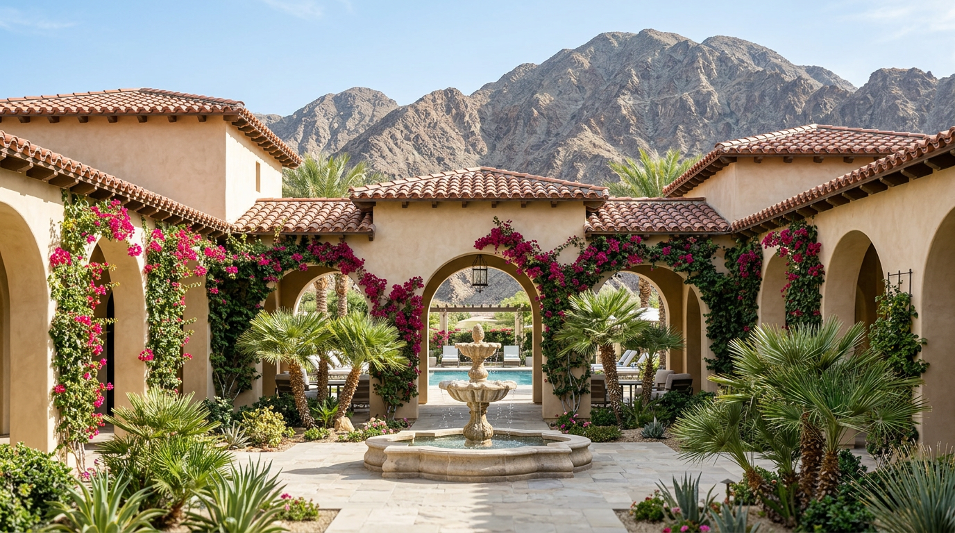 Spanish-inspired Andalusia courtyard, fountain and Santa Rosa Mountain views