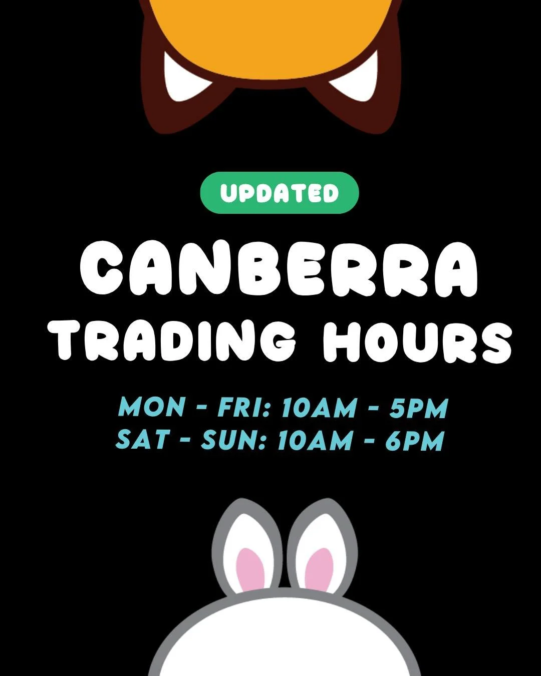 🎈 Updated Hours Alert! 🎈
Some of our playland hours have been updated 🦊🐰🐼

Come join us for giggles, slides &amp; fun ⬇️
Mon&ndash;Fri: 10am&ndash;5pm
Sat&ndash;Sun: 10am&ndash;6pm
📍Canberra only

Mon&ndash;Thurs: 9am&ndash;5:30pm
Fri&ndash;Sun