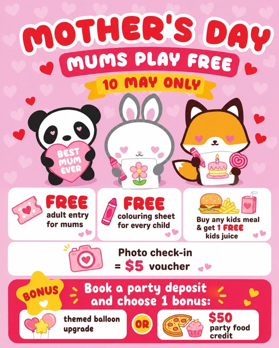 💖 Mother&rsquo;s Day at Little Amigos 💖

Celebrate Mum with a day full of fun, smiles and sweet little surprises!

For Mother&rsquo;s Day only &mdash; 10 May:

🌸 Mums play FREE
🎨 Every child gets a FREE colouring sheet
🧃 Buy any kids meal &amp; 