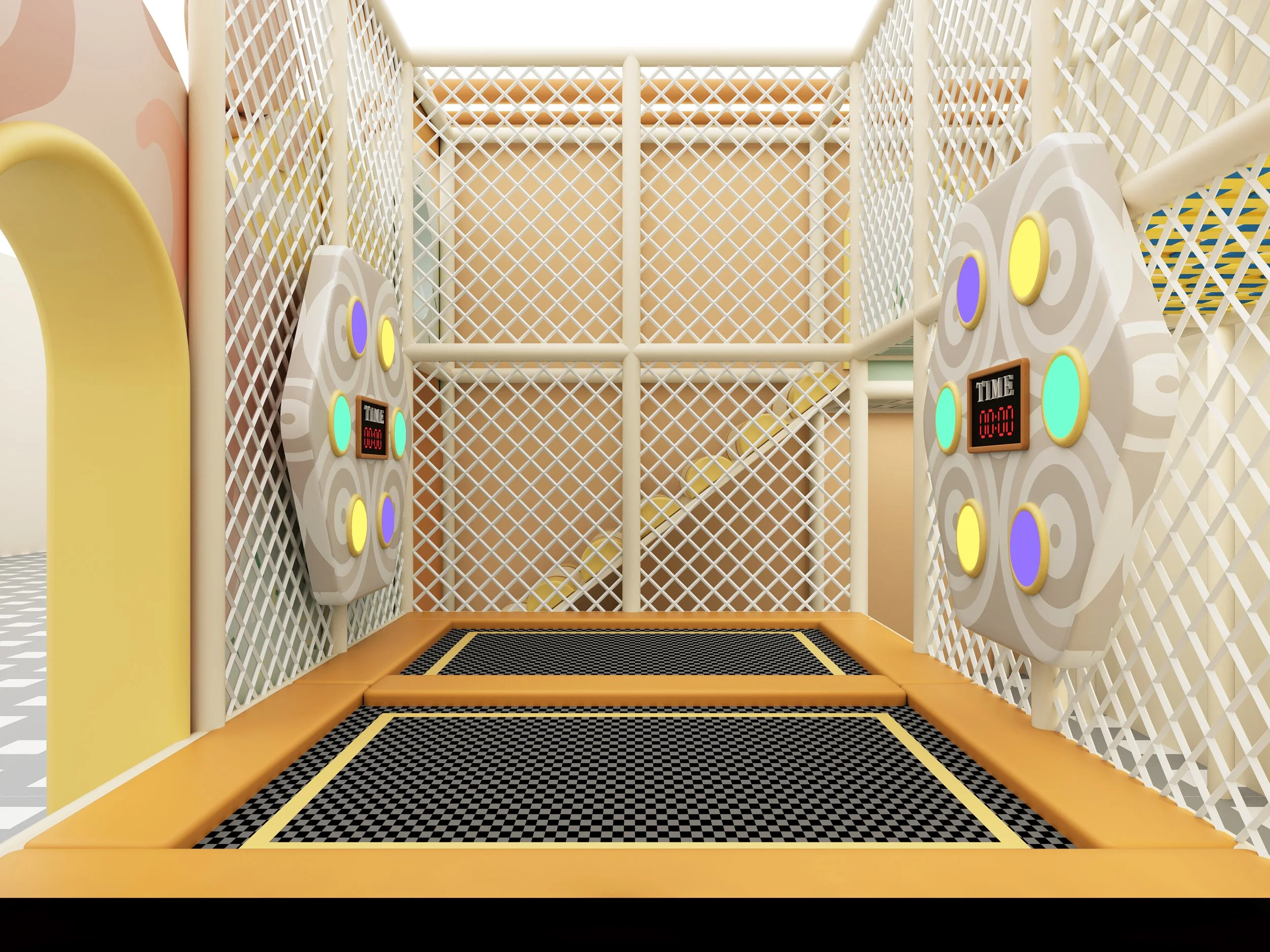Children's indoor play area with ball pits, toys, and playful wall murals.