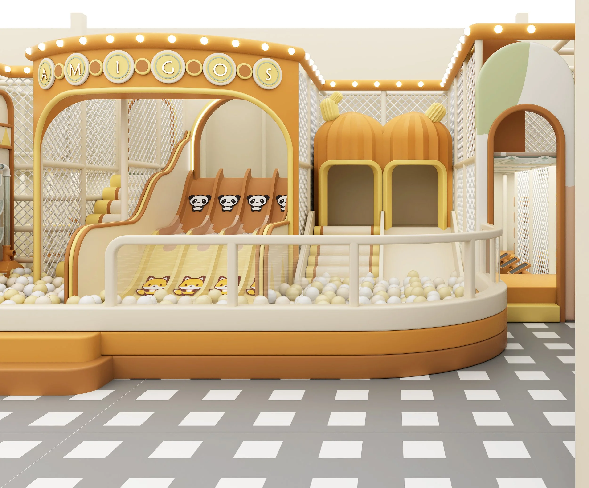 Indoor children's play area with a ball pit filled with black, white, and yellow balls, a slide, and playful structures. There is a large yellow screen with cartoon eyes and a display showing Chinese characters. Bright lighting and playful design elements are visible.